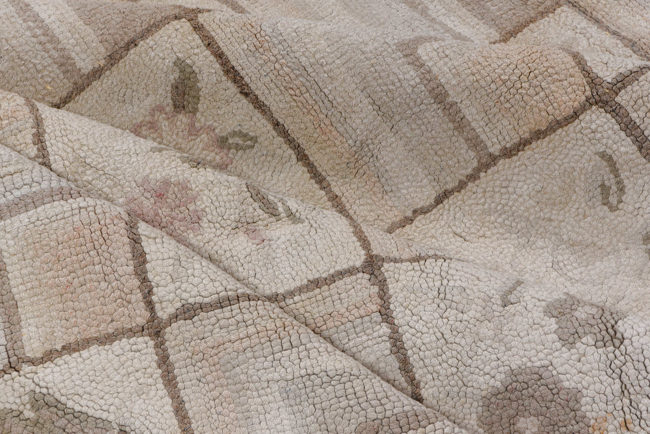 9' x 13' one-of-a-kind handmade antique Hooked large size rug. Color palette: ivory, taupe, beige, blush, sage, brown, gray