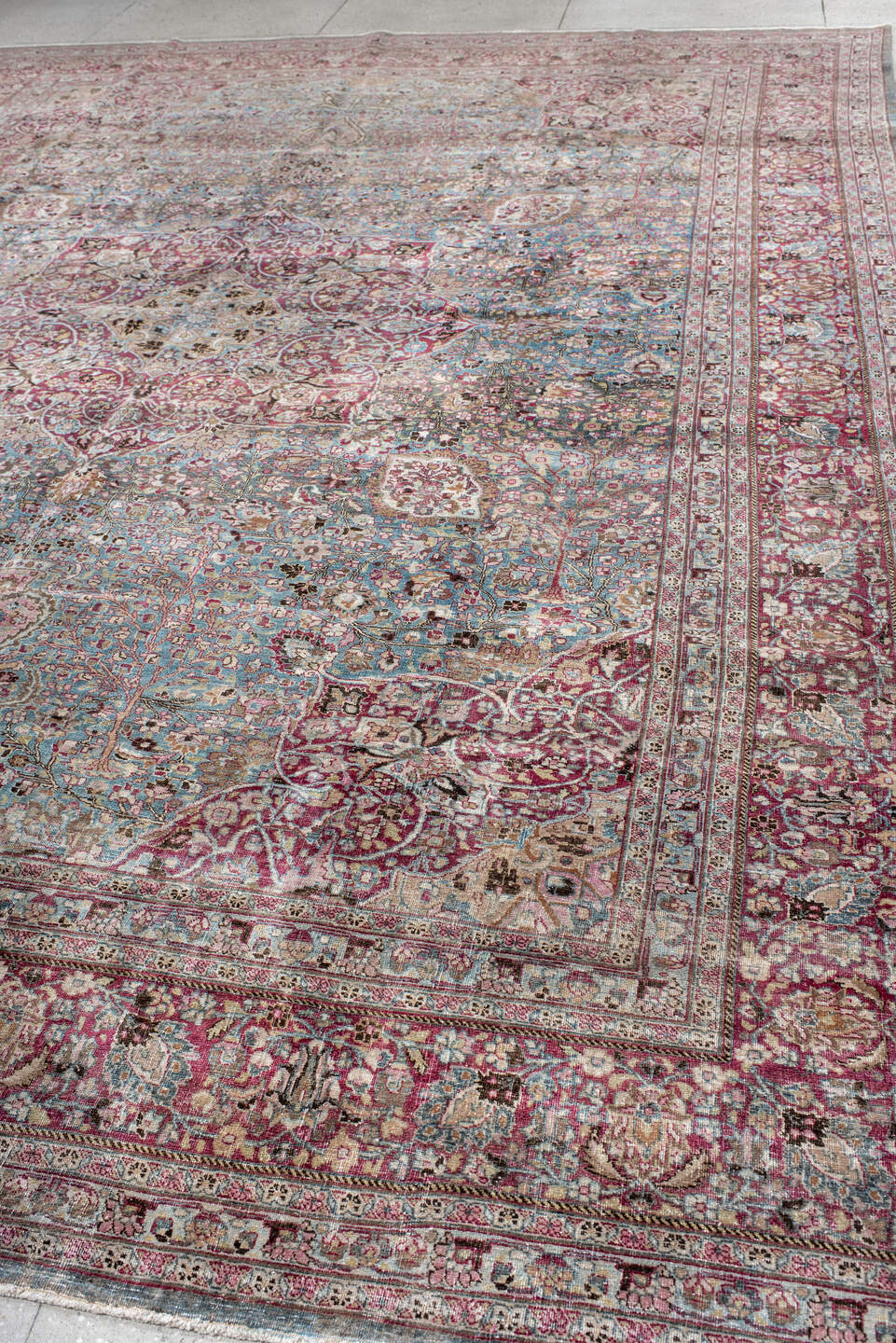 11' x 15' one-of-a-kind handmade antique Meshed oversize rug. Color palette: sky blue, burgundy, ivory, rose, taupe, slate