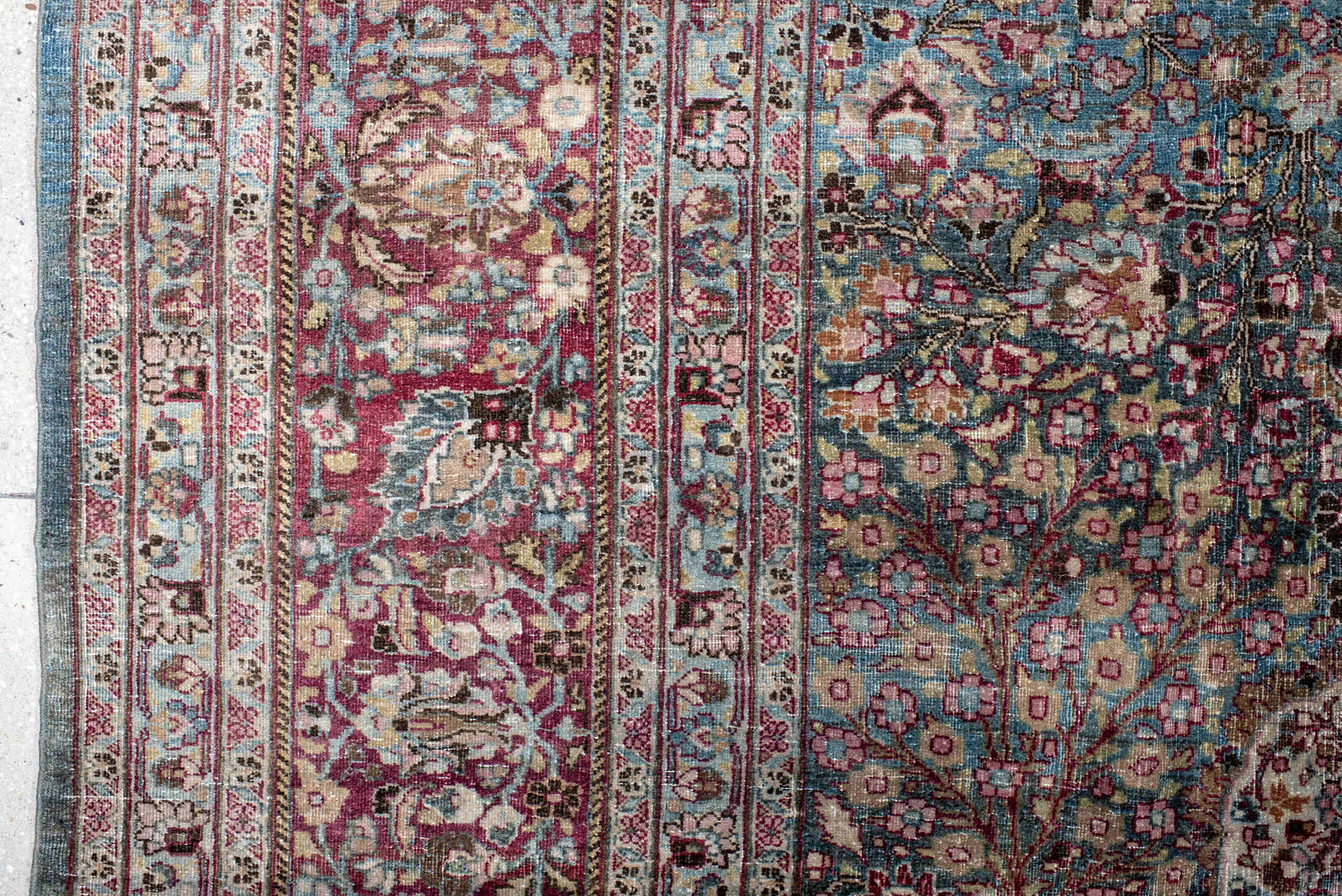 11' x 15' one-of-a-kind handmade antique Meshed oversize rug. Color palette: sky blue, burgundy, ivory, rose, taupe, slate