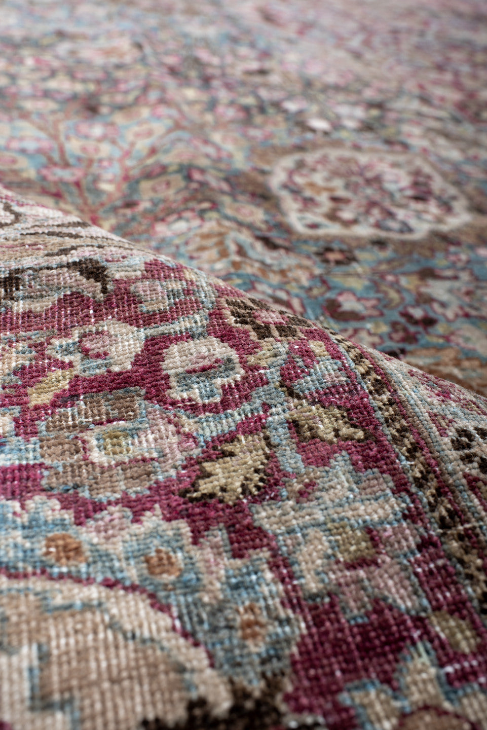 11' x 15' one-of-a-kind handmade antique Meshed oversize rug. Color palette: sky blue, burgundy, ivory, rose, taupe, slate