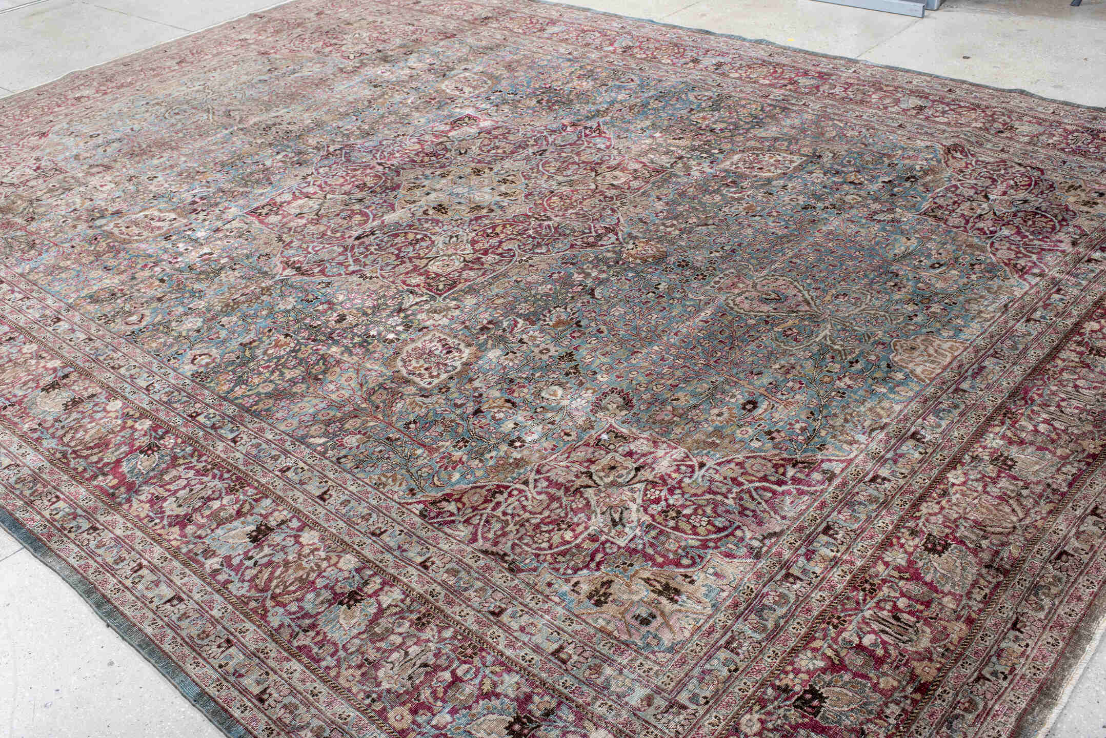 11' x 15' one-of-a-kind handmade antique Meshed oversize rug. Color palette: sky blue, burgundy, ivory, rose, taupe, slate