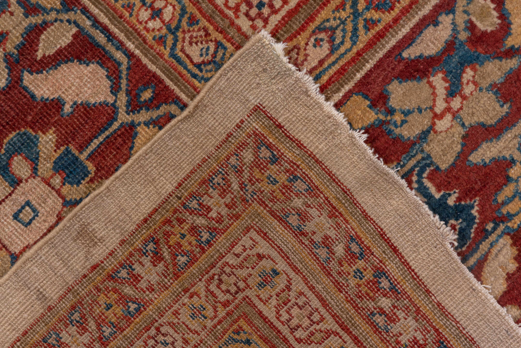 12' x 14' one-of-a-kind handmade antique Sultanabad oversize rug. Color palette: ivory, rust, brick red, indigo, soft blue