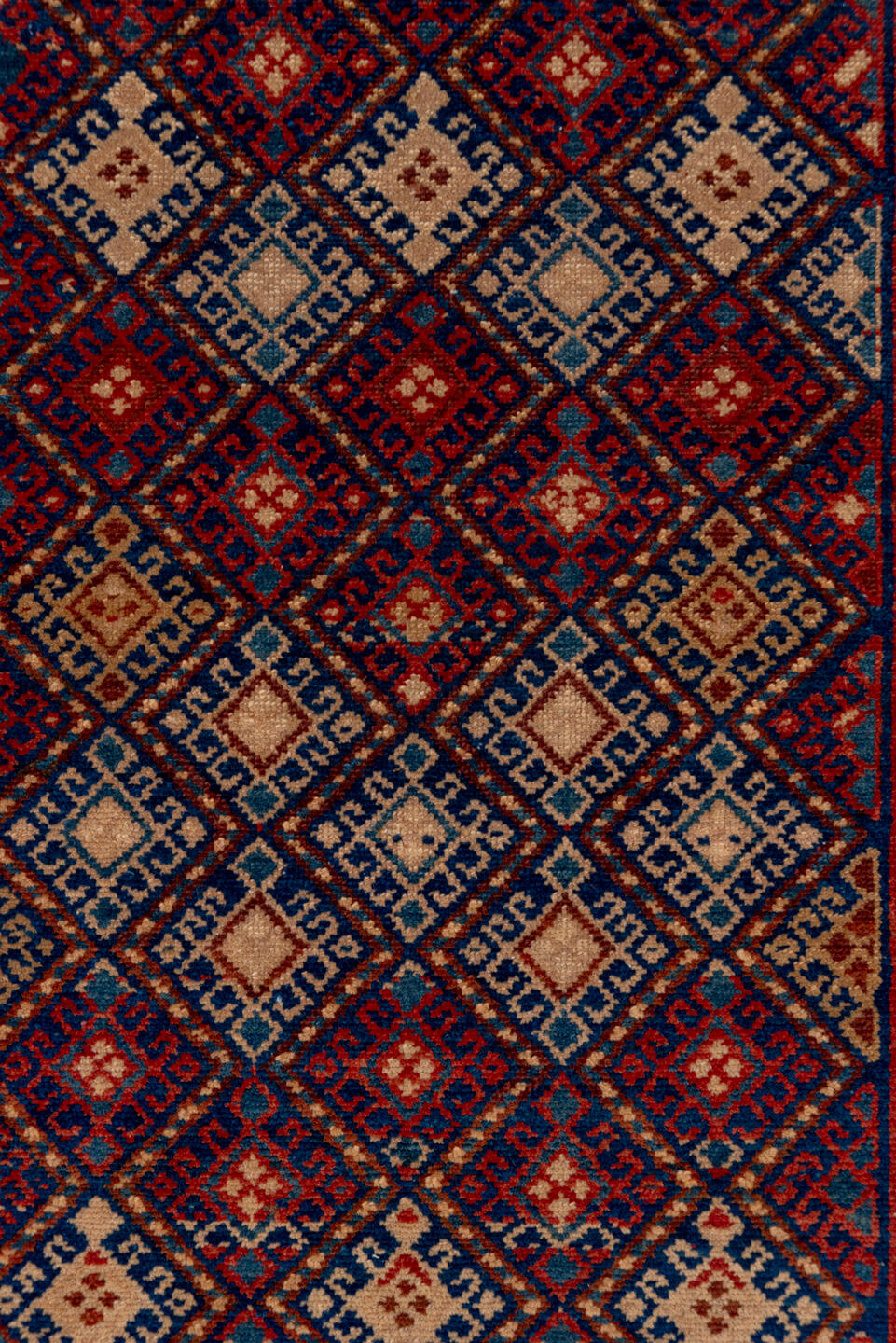 3' x 10' one-of-a-kind handmade vintage Malayer runner rug. Color palette: blue, brown, fiord, gray, orange, pink, red