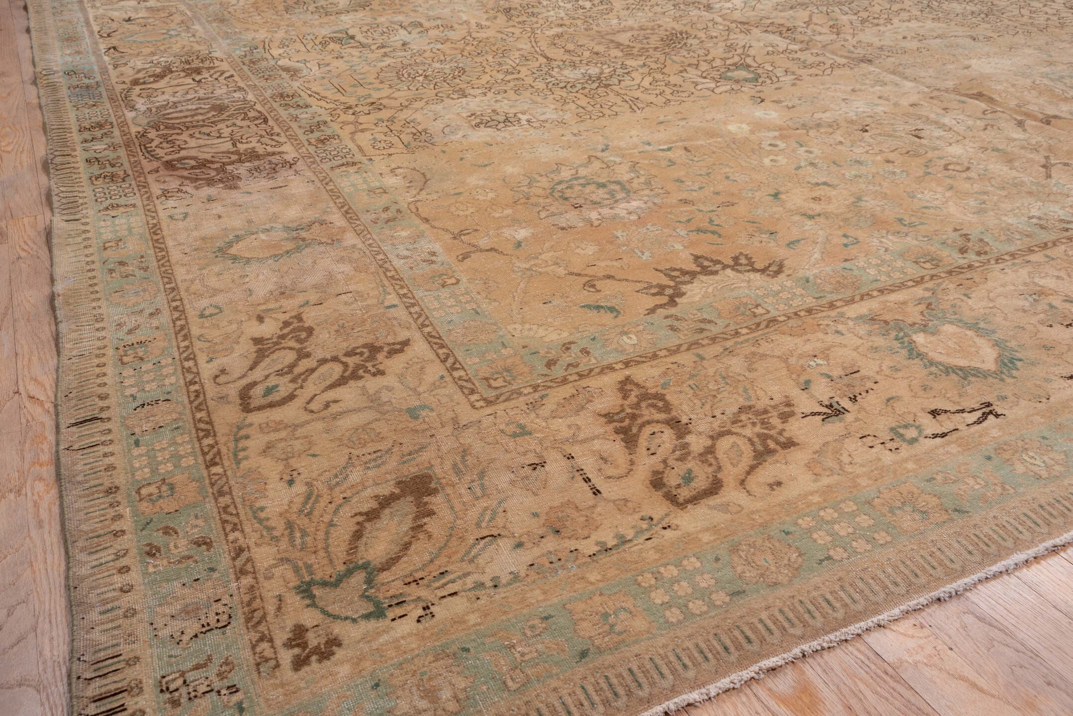 11' x 12' one-of-a-kind handmade antique Sivas oversize rug. Color palette: beige, ivory, taupe, camel, pale aqua, brown