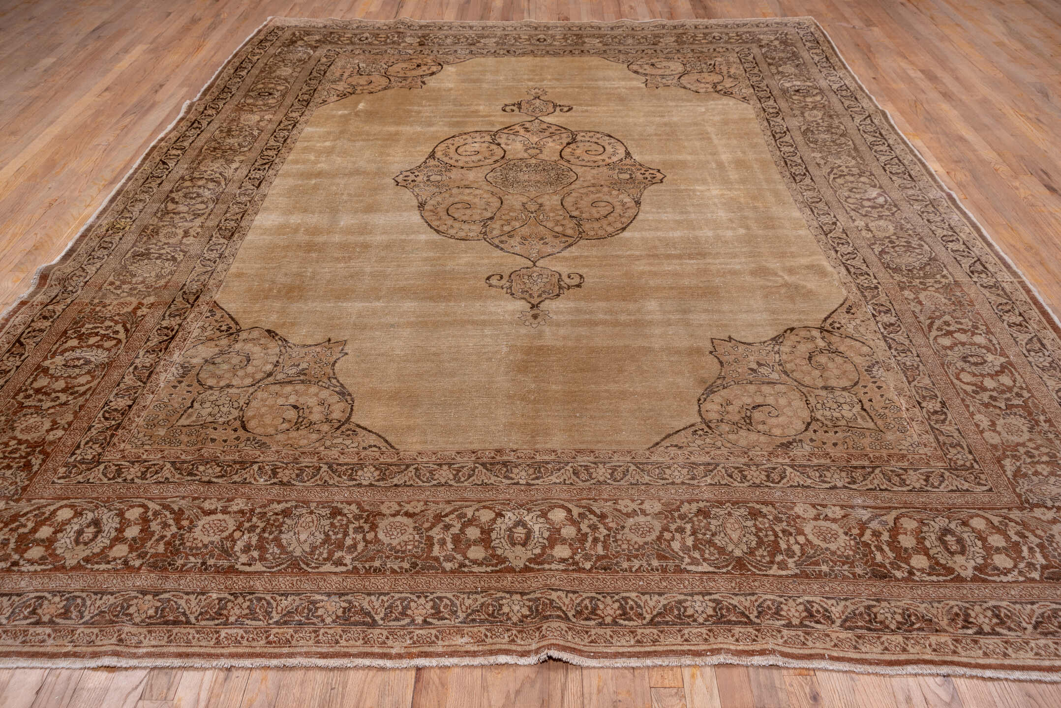 9' x 12' one-of-a-kind handmade antique Tabriz large size rug. Color palette: camel, taupe, brown, ivory, beige, gray