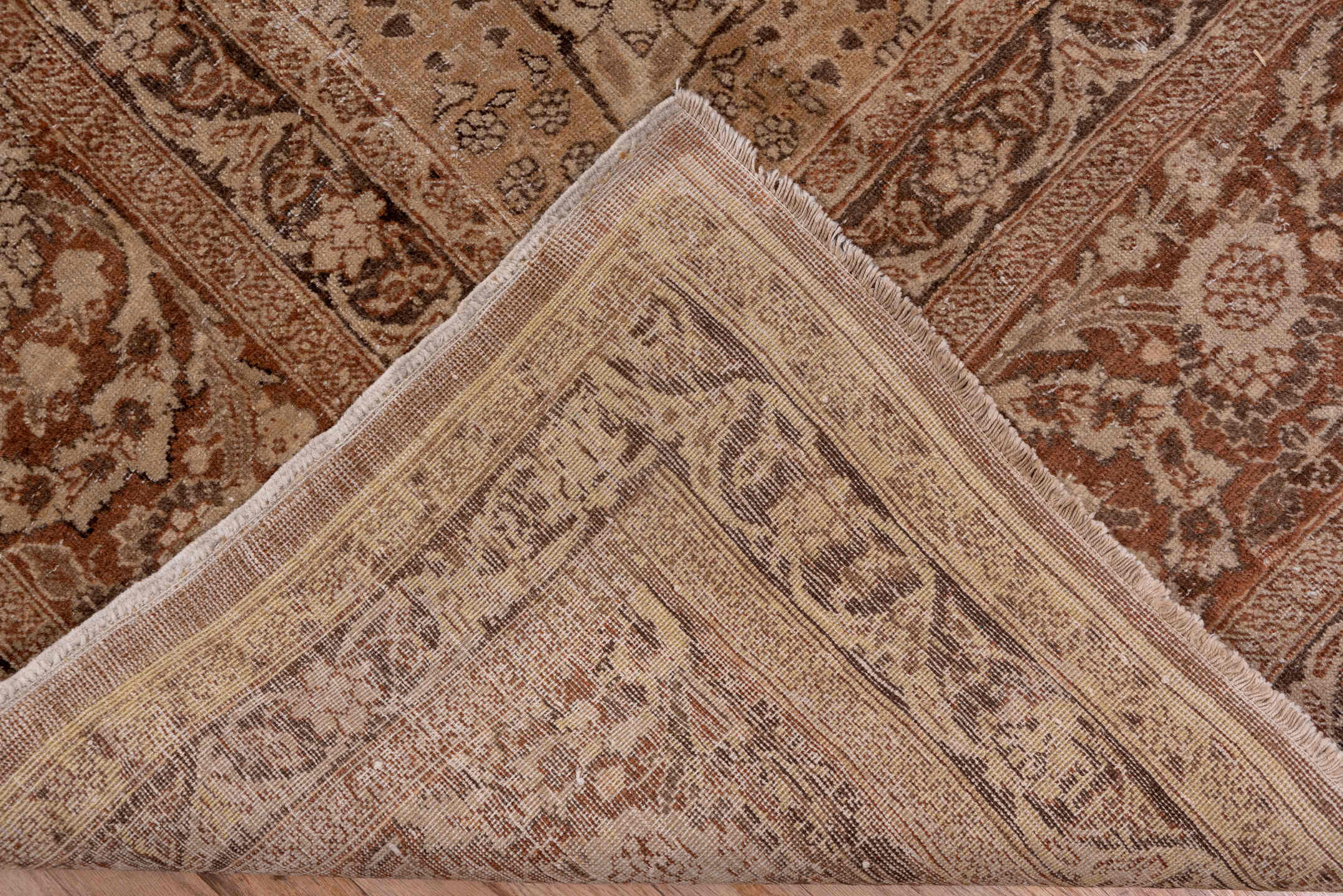 9' x 12' one-of-a-kind handmade antique Tabriz large size rug. Color palette: camel, taupe, brown, ivory, beige, gray