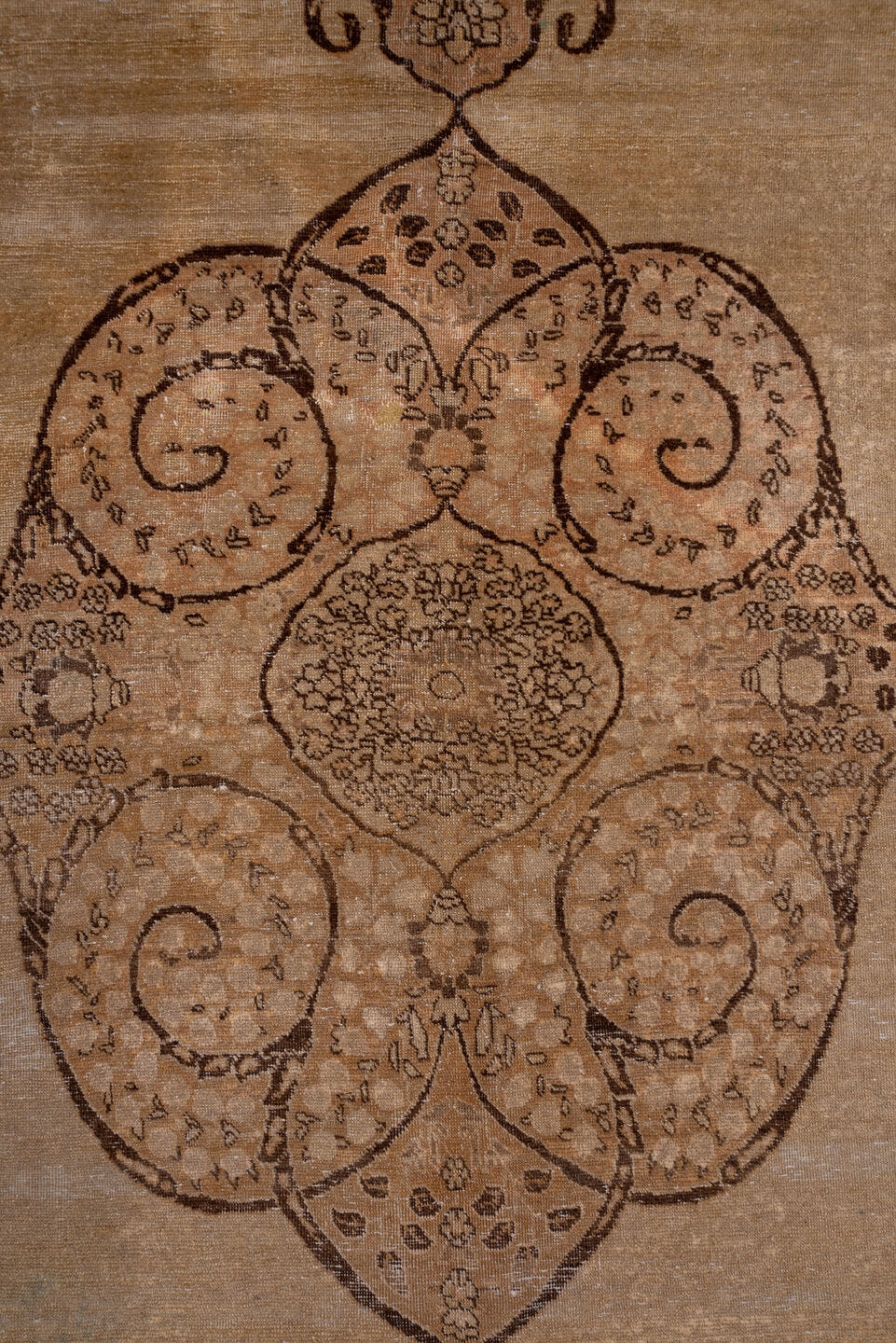 9' x 12' one-of-a-kind handmade antique Tabriz large size rug. Color palette: camel, taupe, brown, ivory, beige, gray