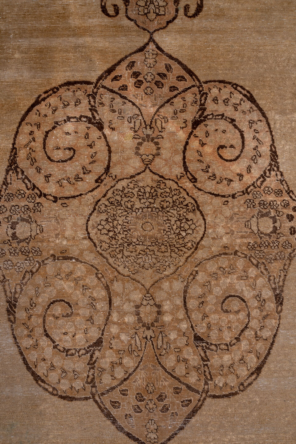 9' x 12' one-of-a-kind handmade antique Tabriz large size rug. Color palette: camel, taupe, brown, ivory, beige, gray