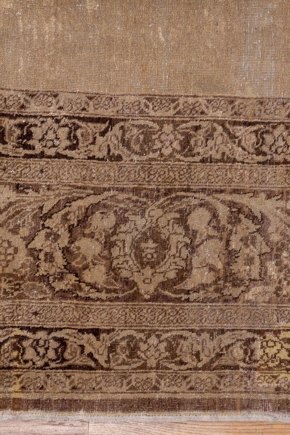 9' x 12' one-of-a-kind handmade antique Tabriz large size rug. Color palette: camel, taupe, brown, ivory, beige, gray