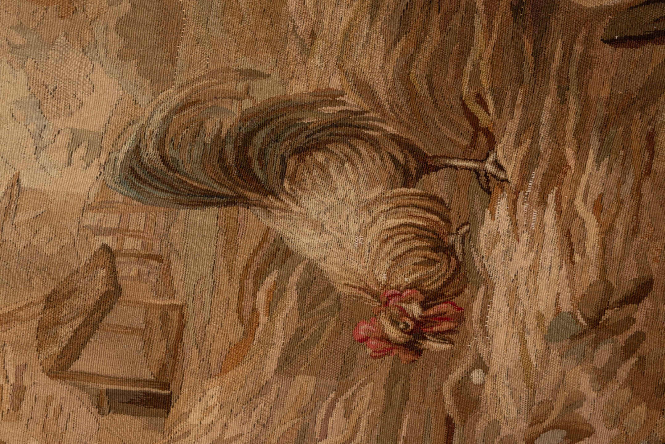 4' x 10' one-of-a-kind handmade vintage Tapestry runner rug. Color palette: brown, burlywood, tan