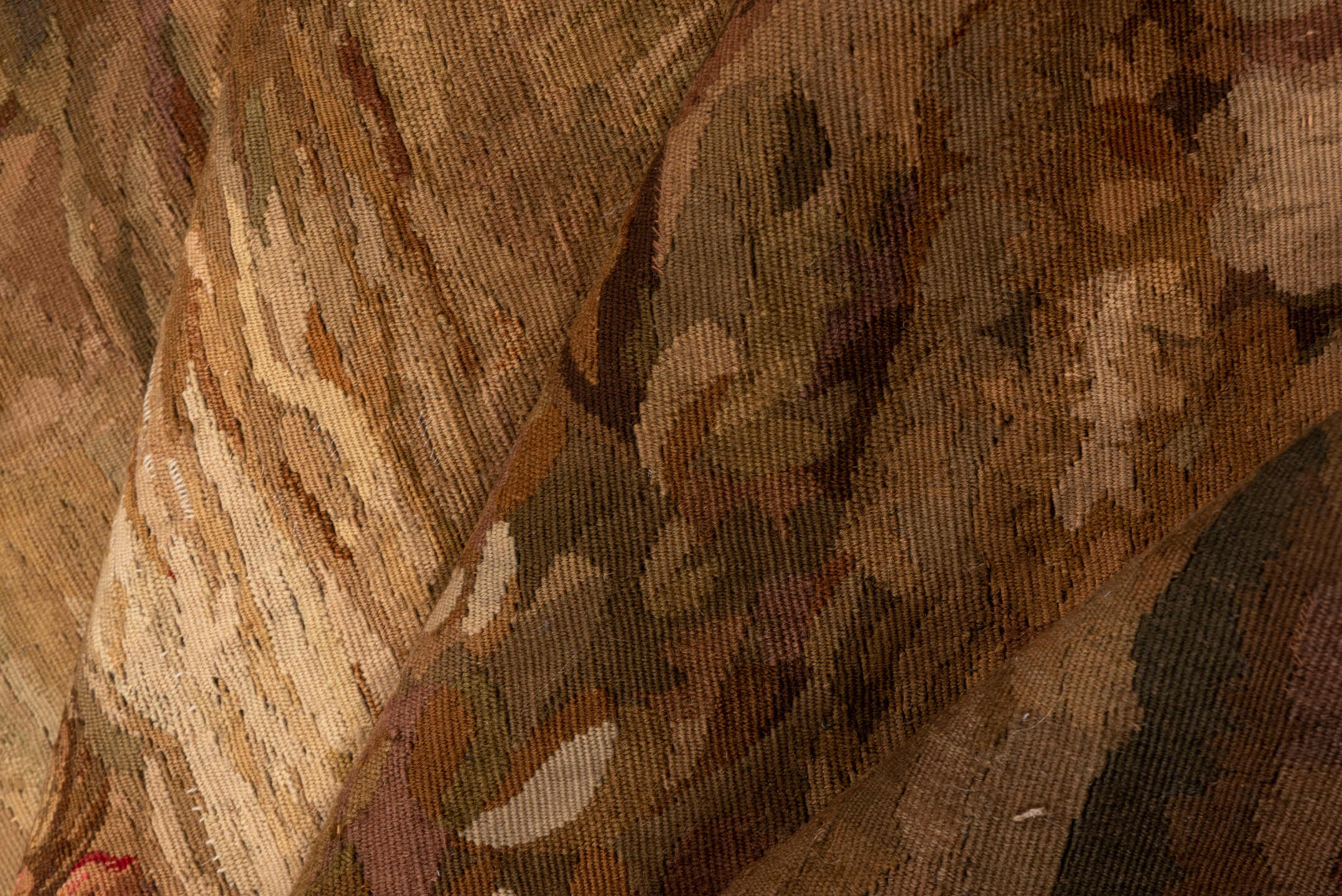4' x 10' one-of-a-kind handmade vintage Tapestry runner rug. Color palette: beige, taupe, brown, camel, ivory, mahogany