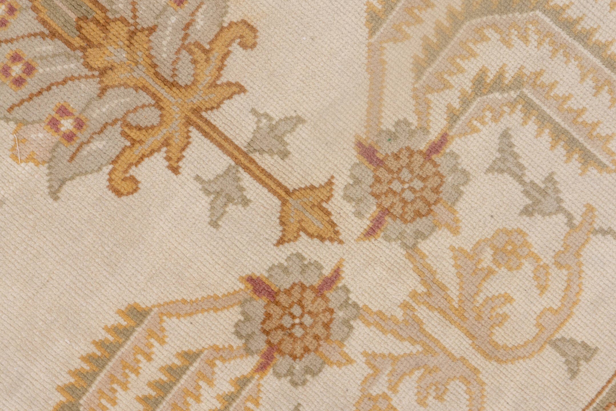 8' x 11' one-of-a-kind handmade antique Oushak large size rug. Color palette: ivory, taupe, gold, blush, sage, camel, rose