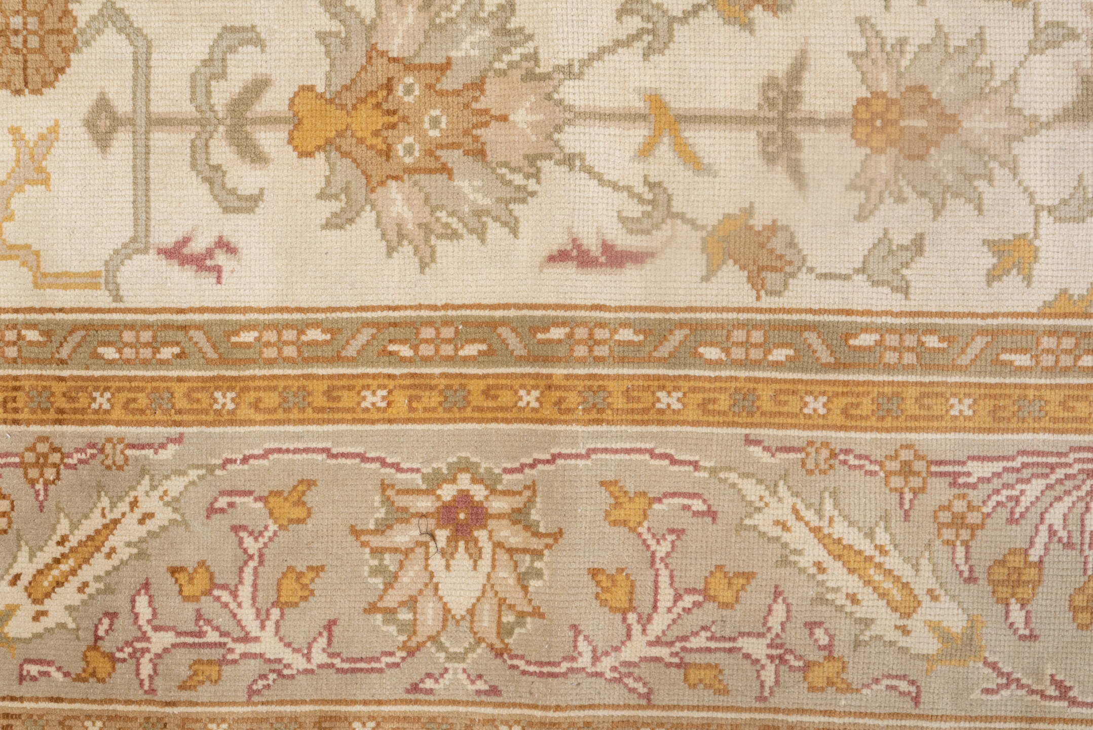 8' x 11' one-of-a-kind handmade antique Oushak large size rug. Color palette: ivory, taupe, gold, blush, sage, camel, rose