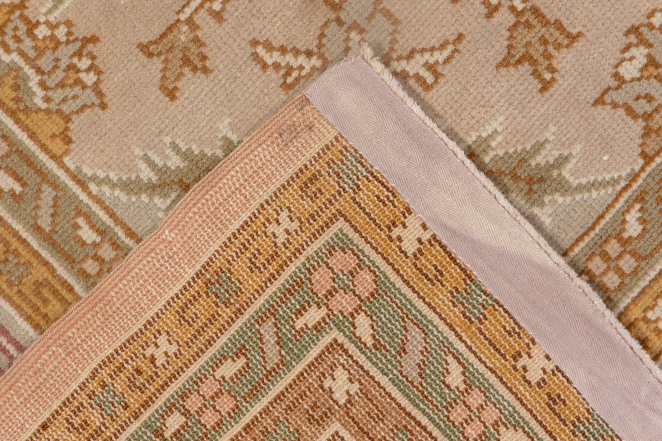 8' x 11' one-of-a-kind handmade antique Oushak large size rug. Color palette: ivory, taupe, gold, blush, sage, camel, rose