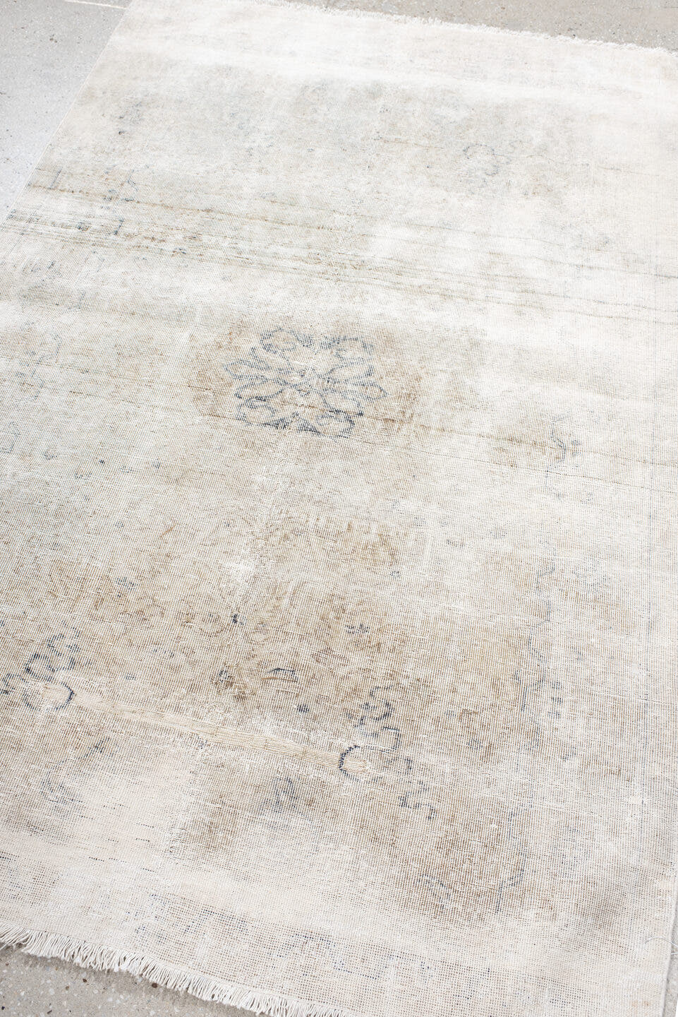 3' x 6' one-of-a-kind handmade antique Sivas small size rug. Color palette: ivory, cream, taupe, pale gray, beige, gray