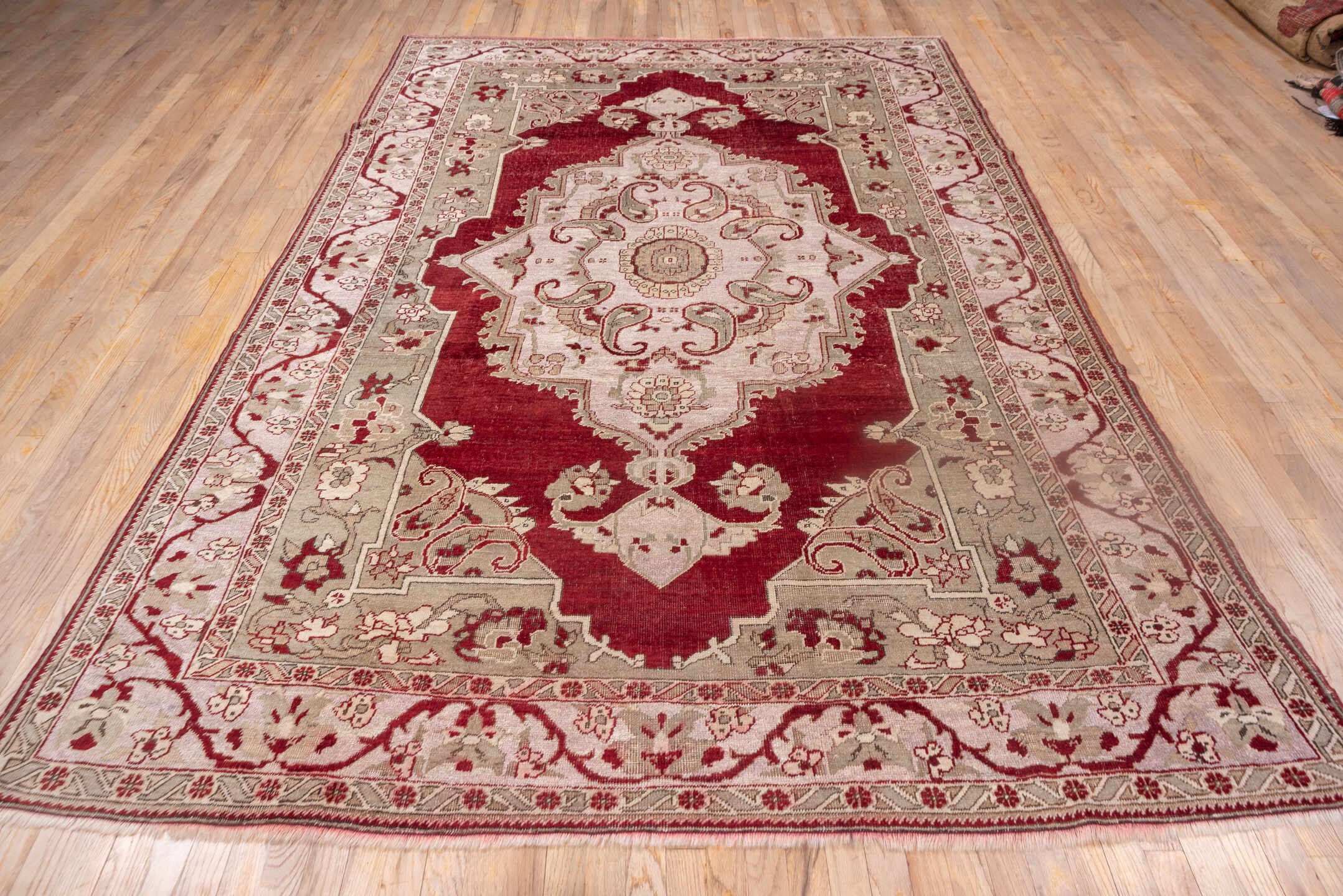 7' x 10' one-of-a-kind handmade vintage Oushak large size rug. Color palette: crimson, ivory, taupe, rose, burgundy, red