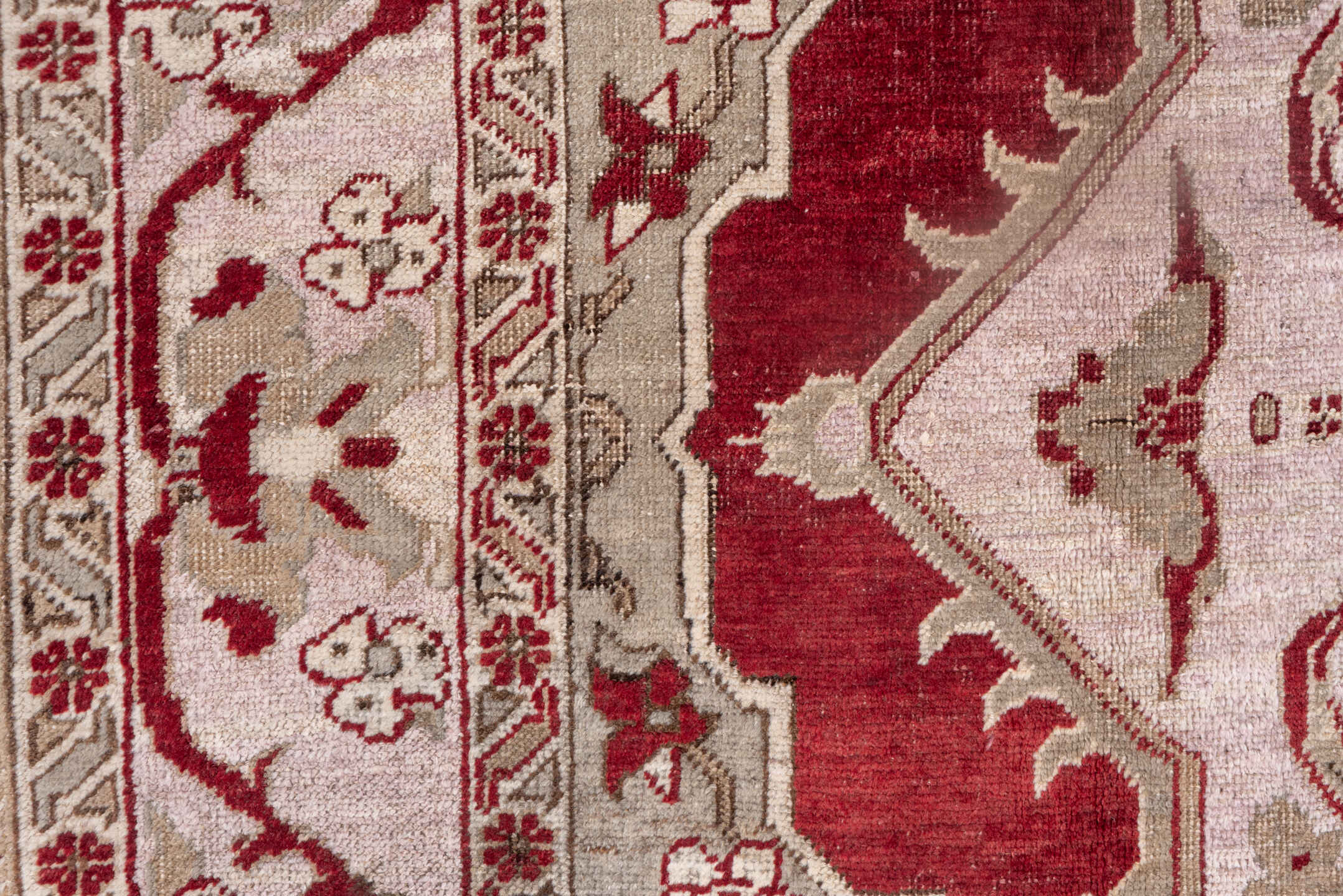 7' x 10' one-of-a-kind handmade vintage Oushak large size rug. Color palette: crimson, ivory, taupe, rose, burgundy, red