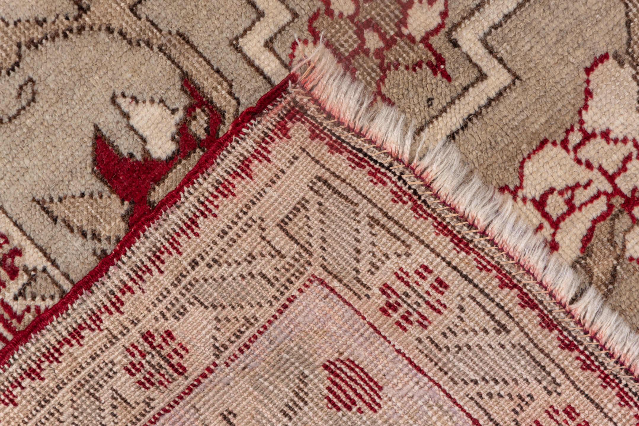 7' x 10' one-of-a-kind handmade vintage Oushak large size rug. Color palette: crimson, ivory, taupe, rose, burgundy, red