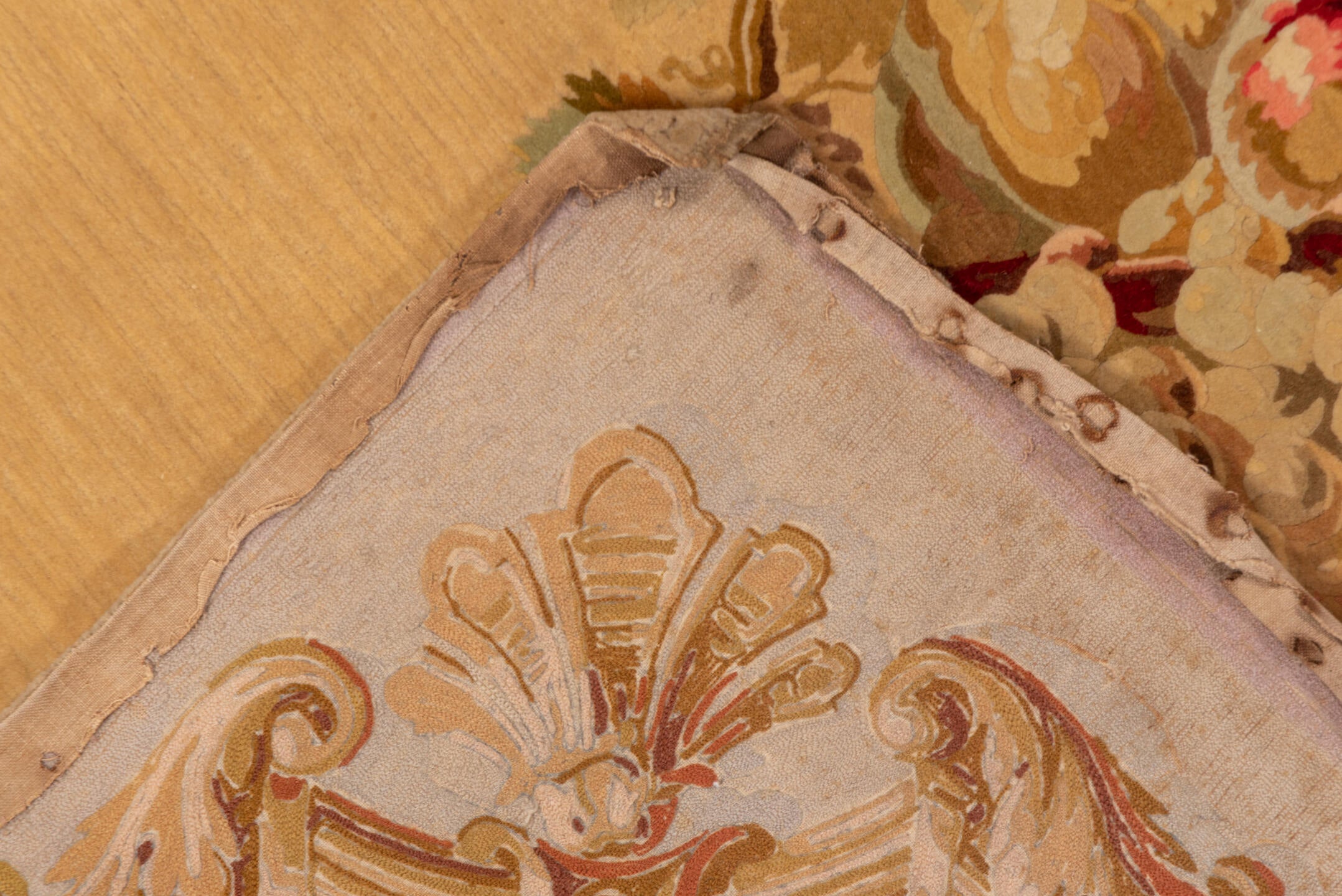 4' x 7' one-of-a-kind handmade vintage European rug. Color palette: brown, off-white, orange, red, snow, white, whitesmoke