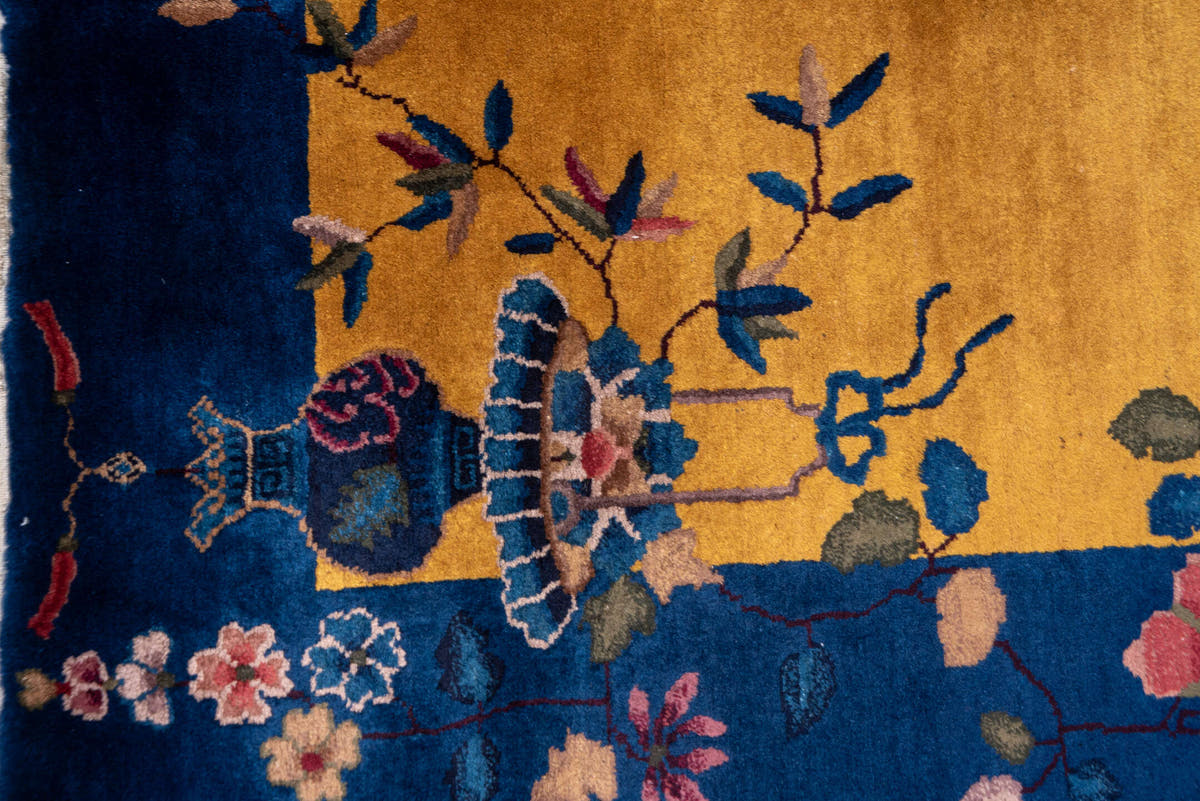 5' x 9' one-of-a-kind handmade antique Chinese medium size rug. Color palette: gold, cobalt, ivory, rose, sage, lavender