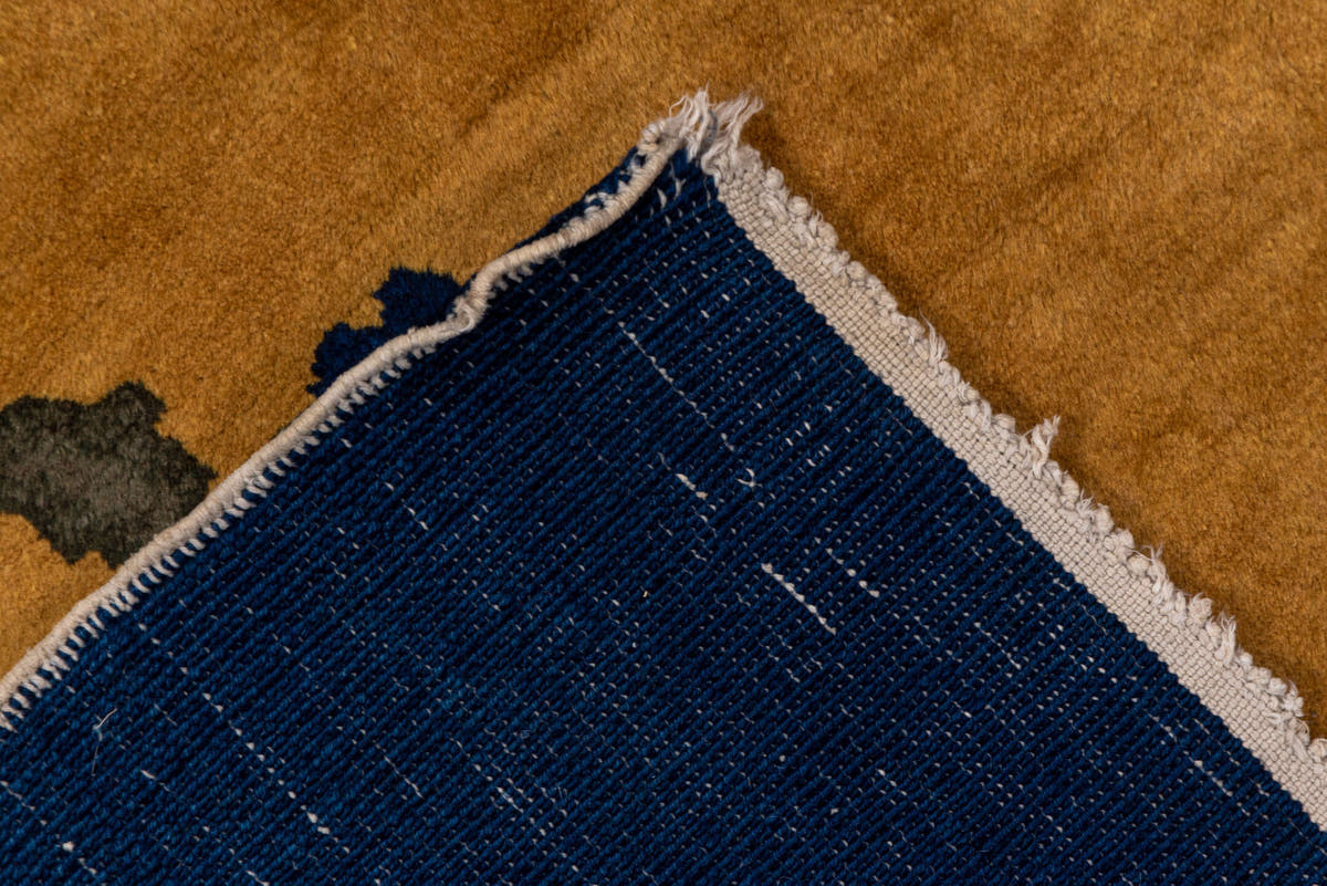 5' x 9' one-of-a-kind handmade antique Chinese medium size rug. Color palette: gold, cobalt, ivory, rose, sage, lavender