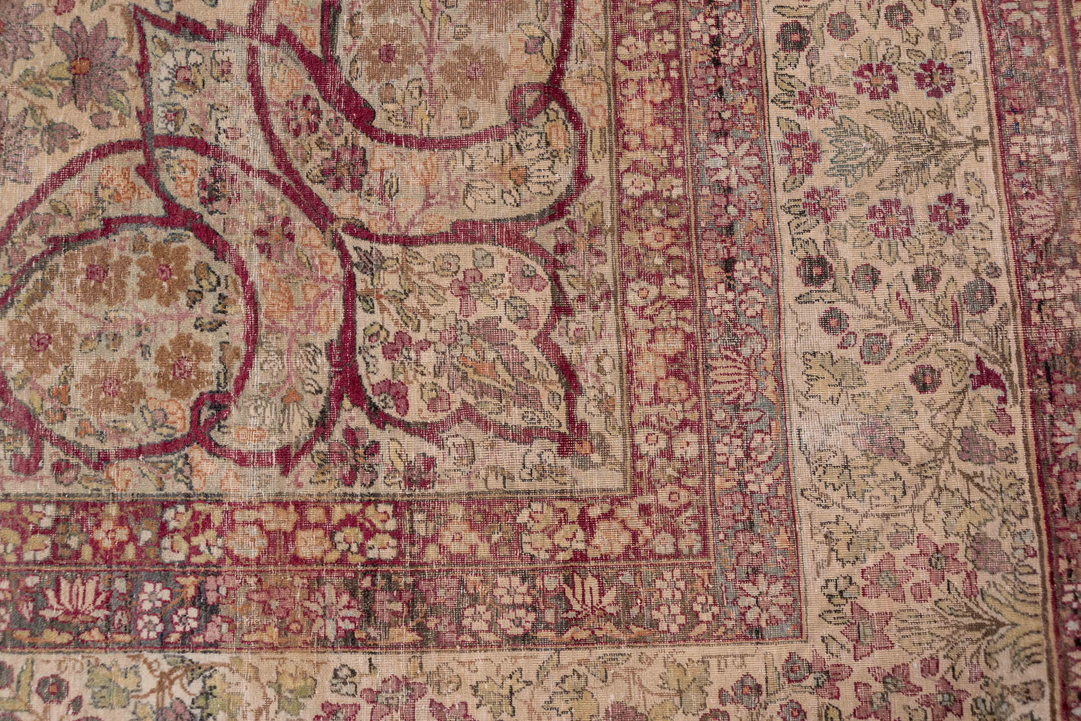 10' x 14' one-of-a-kind handmade antique Lavar large size rug. Color palette: ivory, rose, burgundy, taupe, dusty pink