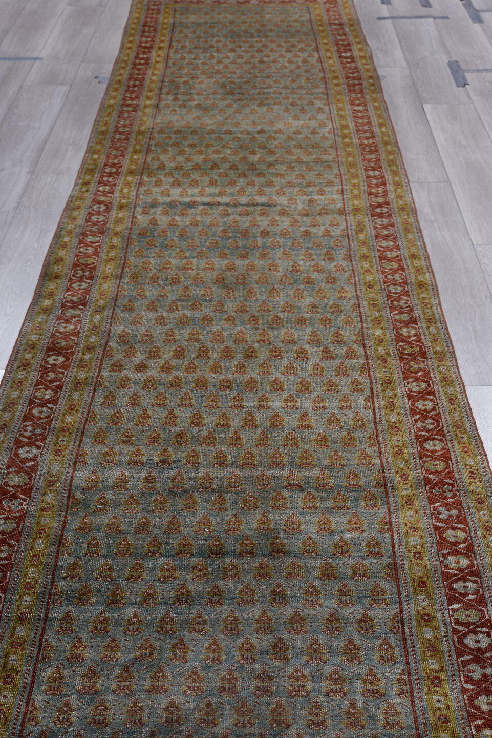 3' x 17' one-of-a-kind handmade antique Malayer runner rug. Color palette: sky blue, rust, ivory, camel, taupe, slate, brown