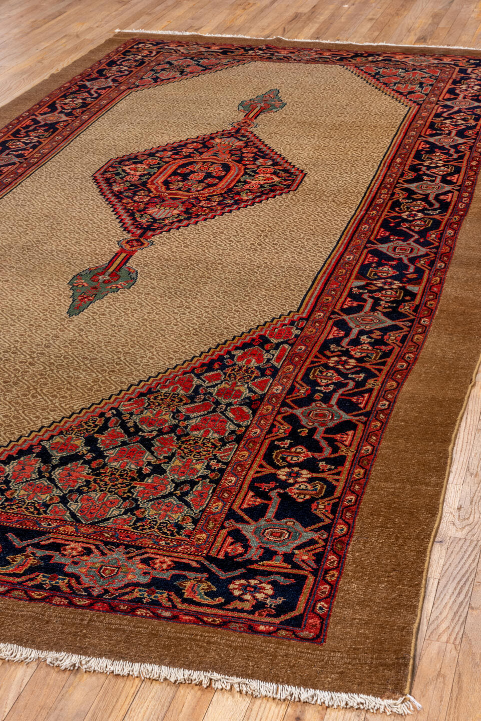 6' x 12' one-of-a-kind handmade antique Cam Hamadan large size rug. Color palette: camel, navy, rust, crimson, ivory, sage