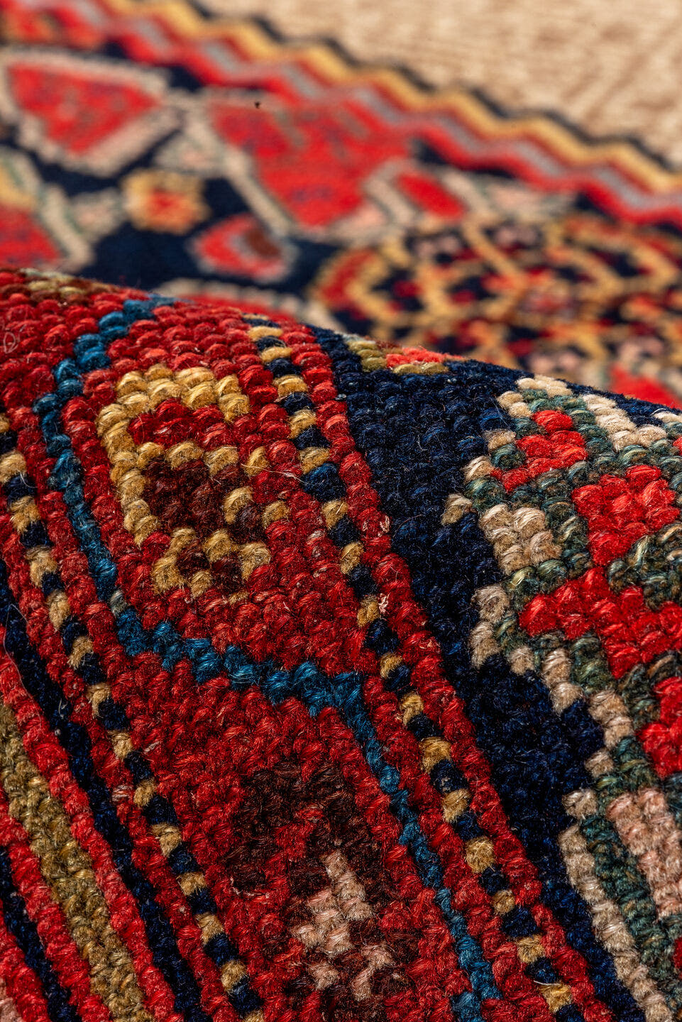 6' x 12' one-of-a-kind handmade antique Cam Hamadan large size rug. Color palette: camel, navy, rust, crimson, ivory, sage