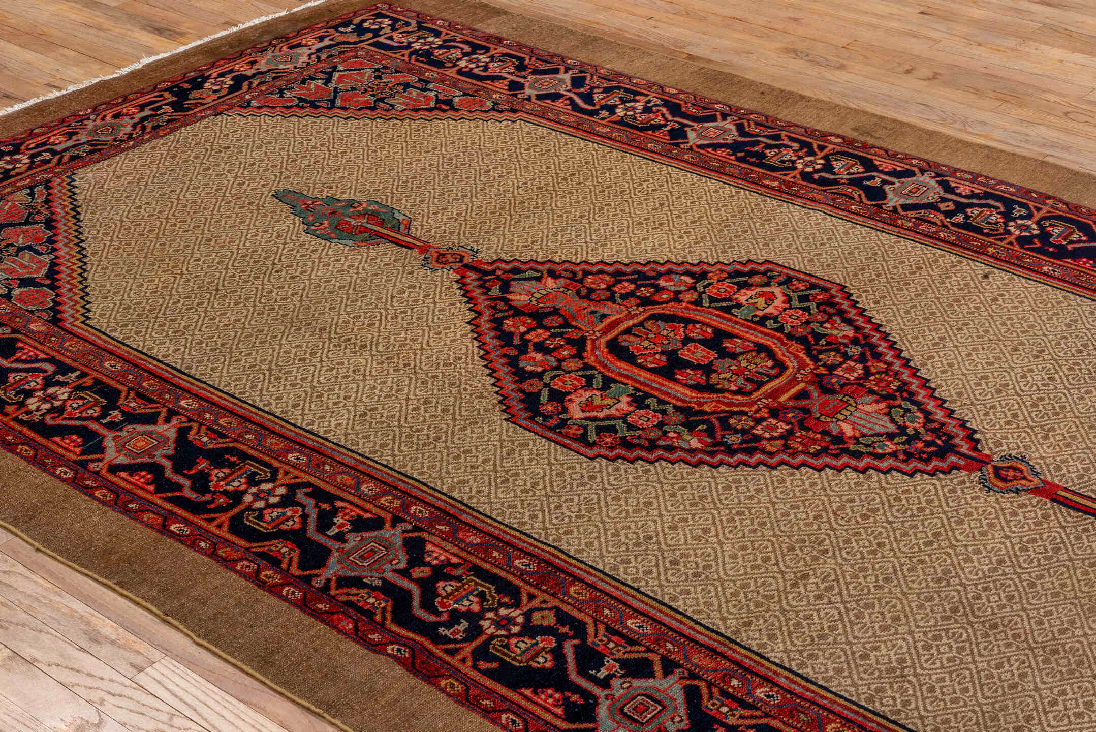 6' x 12' one-of-a-kind handmade antique Cam Hamadan large size rug. Color palette: camel, navy, rust, crimson, ivory, sage