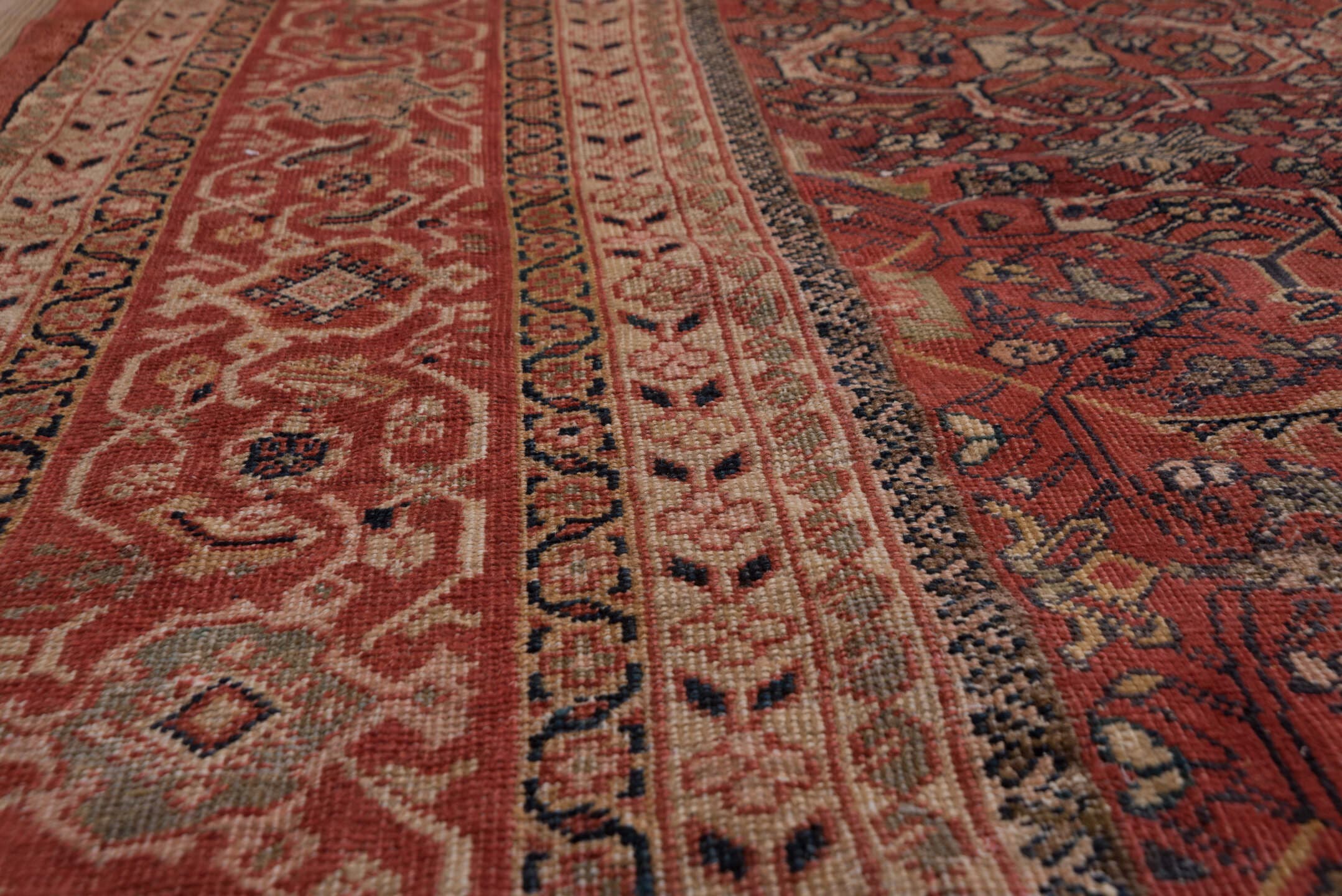 13' x 20' one-of-a-kind handmade vintage Sultanabad oversize rug. Color palette: rust, brick, burgundy, taupe, ivory