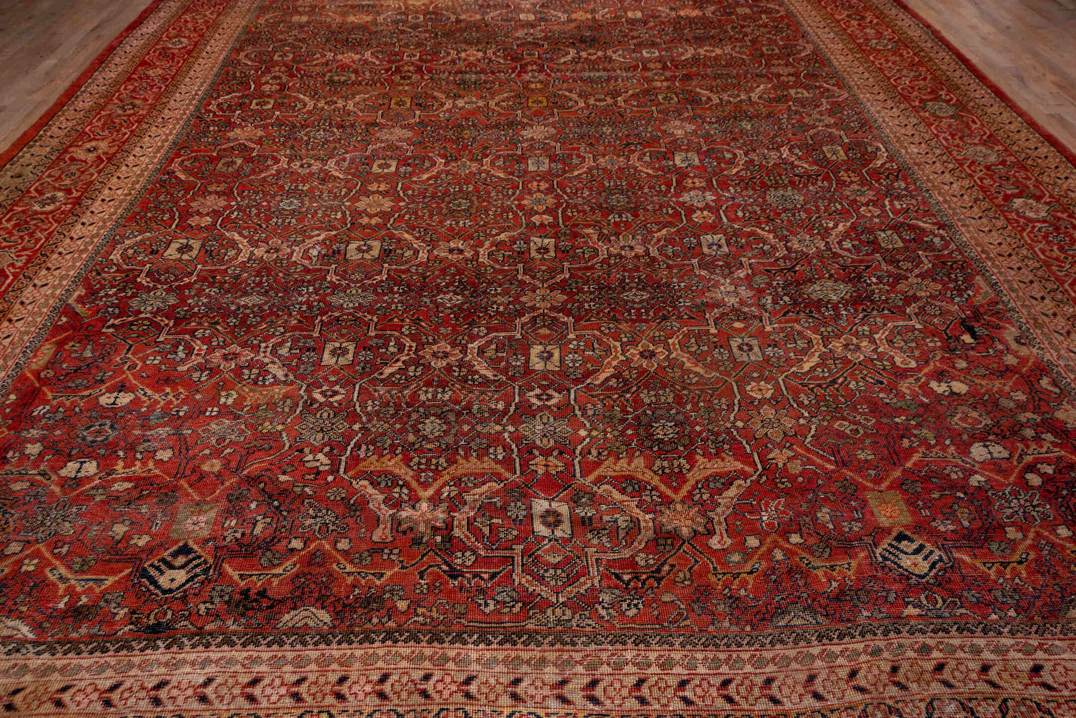 13' x 20' one-of-a-kind handmade vintage Sultanabad oversize rug. Color palette: rust, brick, burgundy, taupe, ivory
