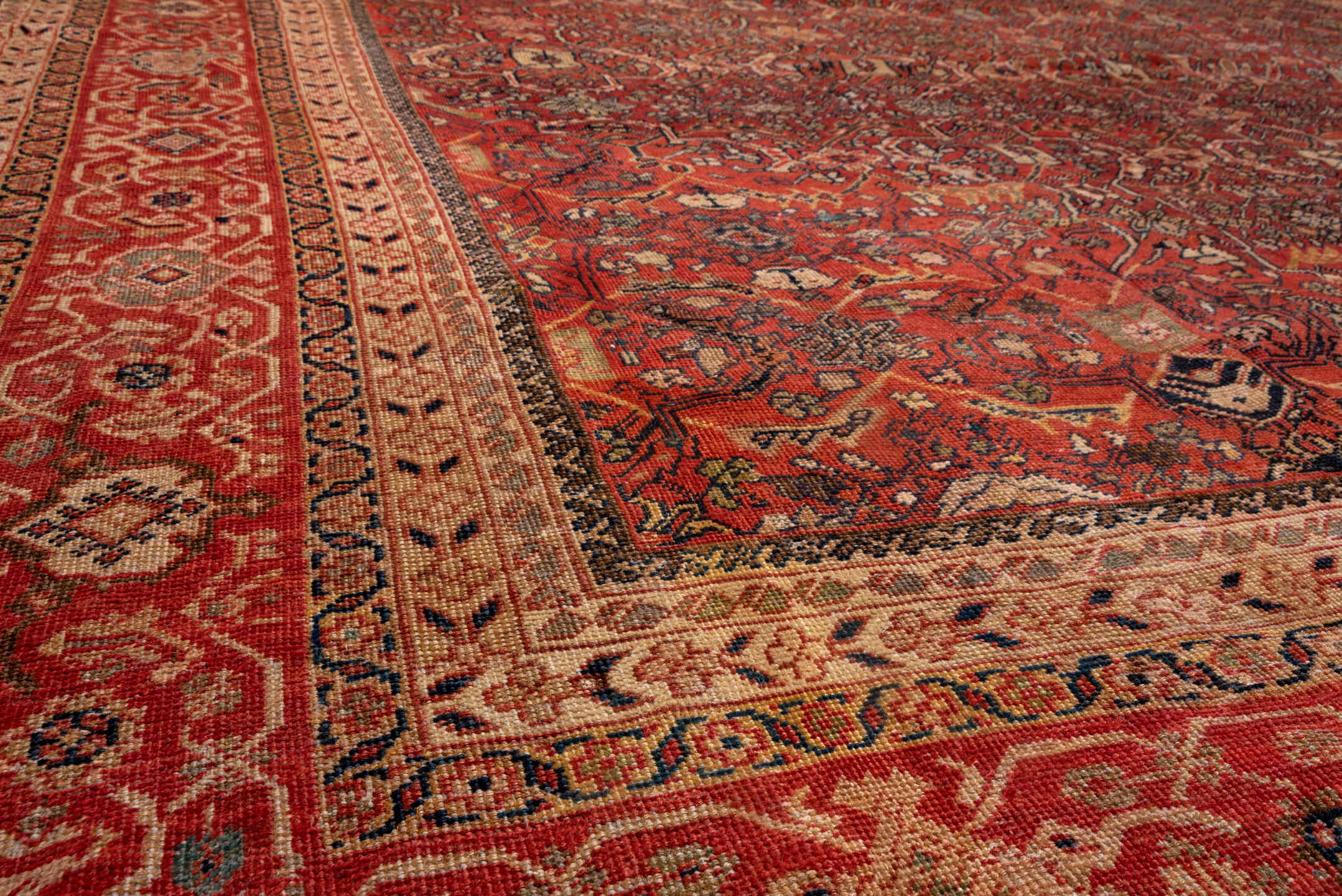 13' x 20' one-of-a-kind handmade vintage Sultanabad oversize rug. Color palette: rust, brick, burgundy, taupe, ivory
