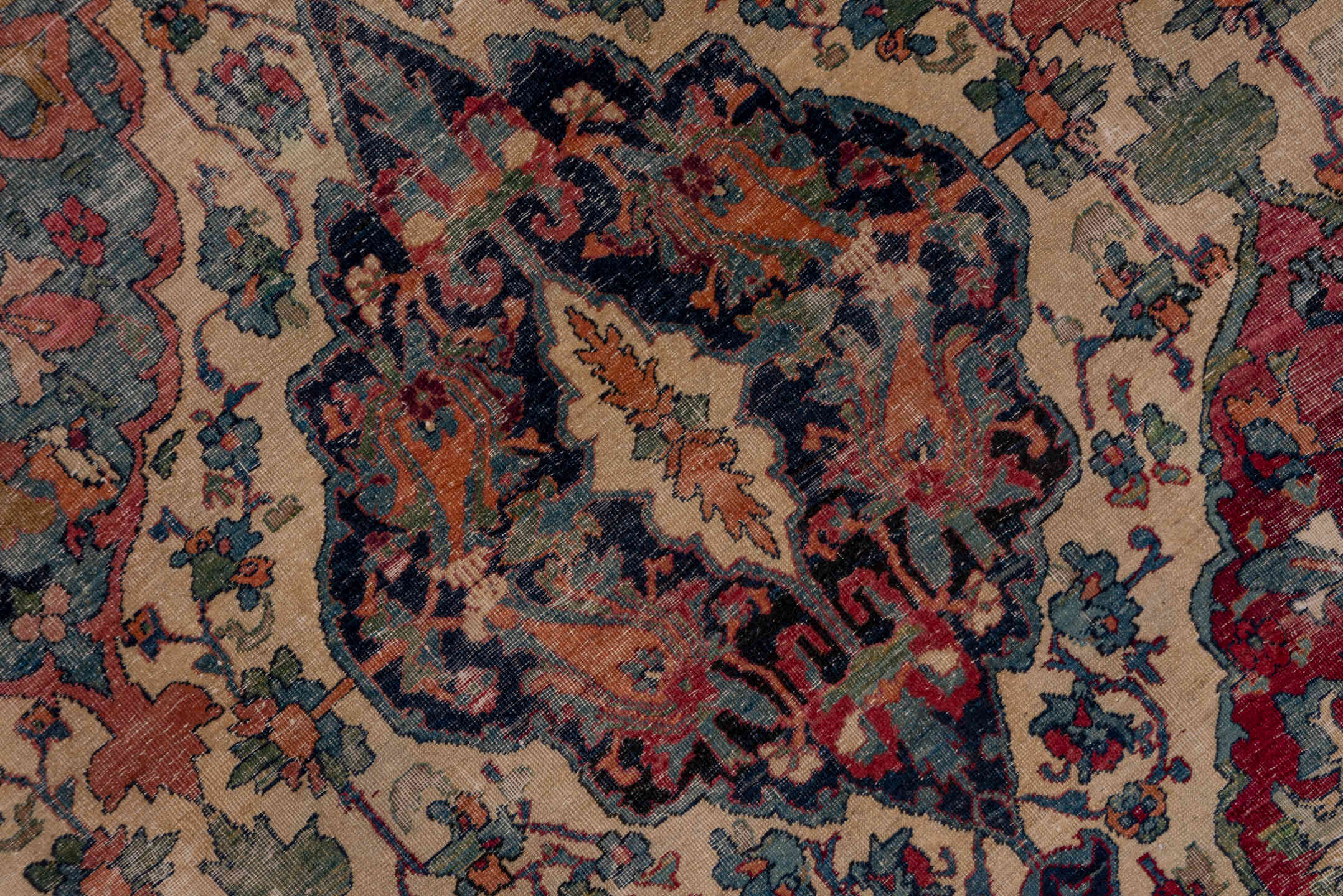 13' x 18' one-of-a-kind handmade antique Lavar oversize rug. Color palette: ivory, indigo, rust, rose, muted blue, burgundy