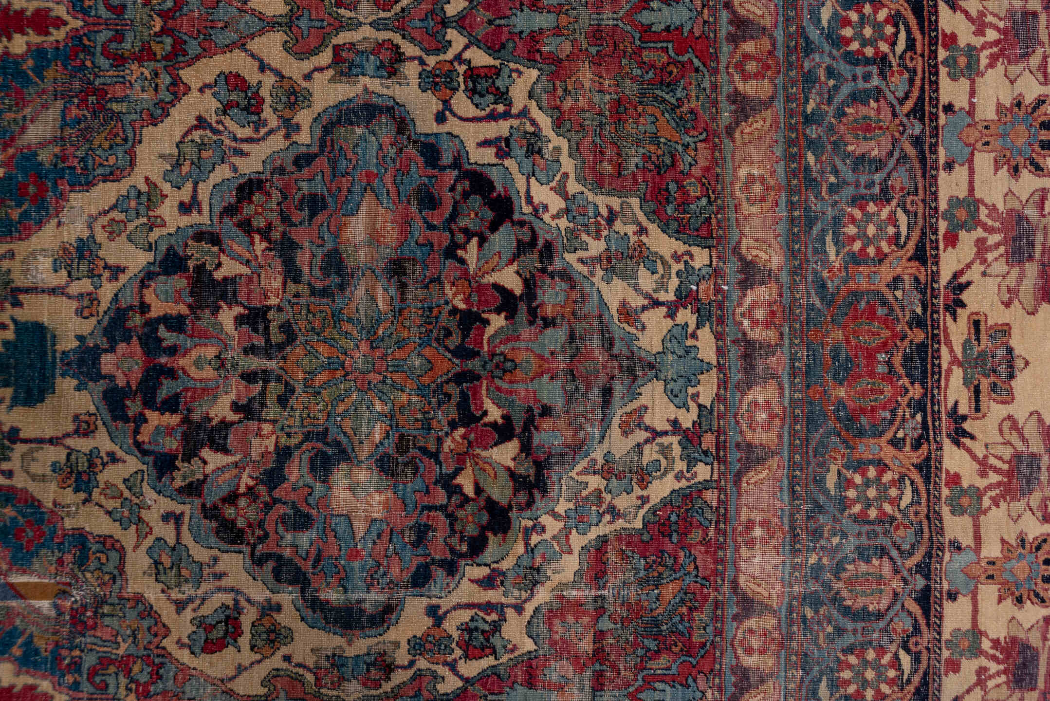 13' x 18' one-of-a-kind handmade antique Lavar oversize rug. Color palette: ivory, indigo, rust, rose, muted blue, burgundy