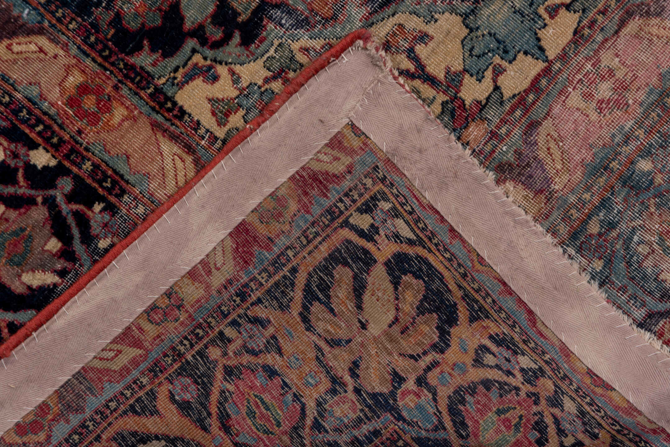 13' x 18' one-of-a-kind handmade antique Lavar oversize rug. Color palette: ivory, indigo, rust, rose, muted blue, burgundy