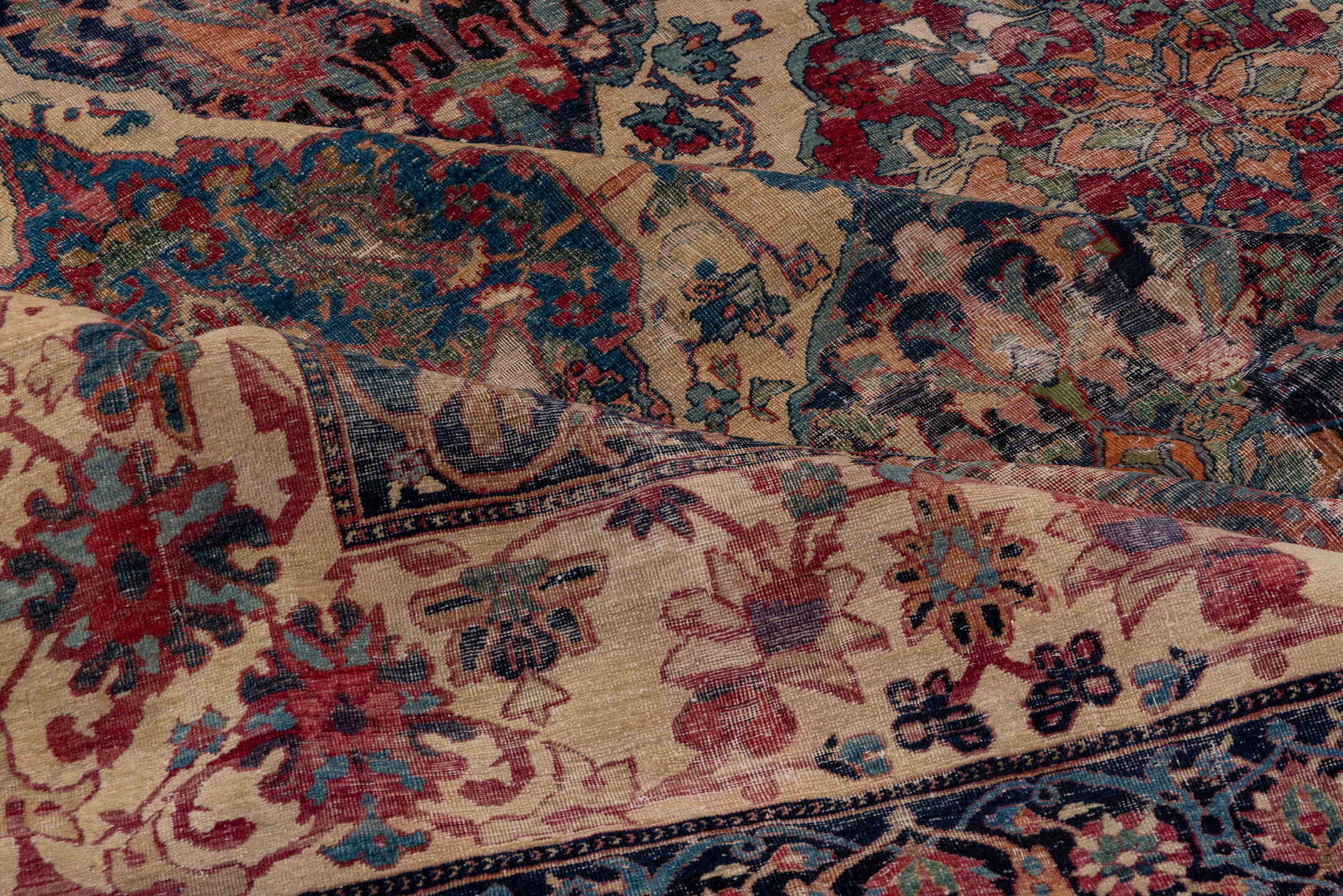 13' x 18' one-of-a-kind handmade antique Lavar oversize rug. Color palette: ivory, indigo, rust, rose, muted blue, burgundy