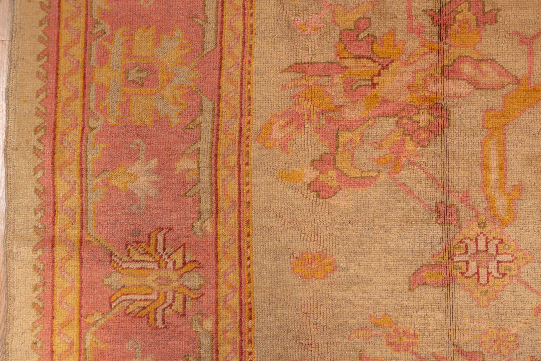 8' x 11' one-of-a-kind handmade antique Oushak large size rug. Color palette: ivory, salmon, beige, gold, blush, taupe, pink
