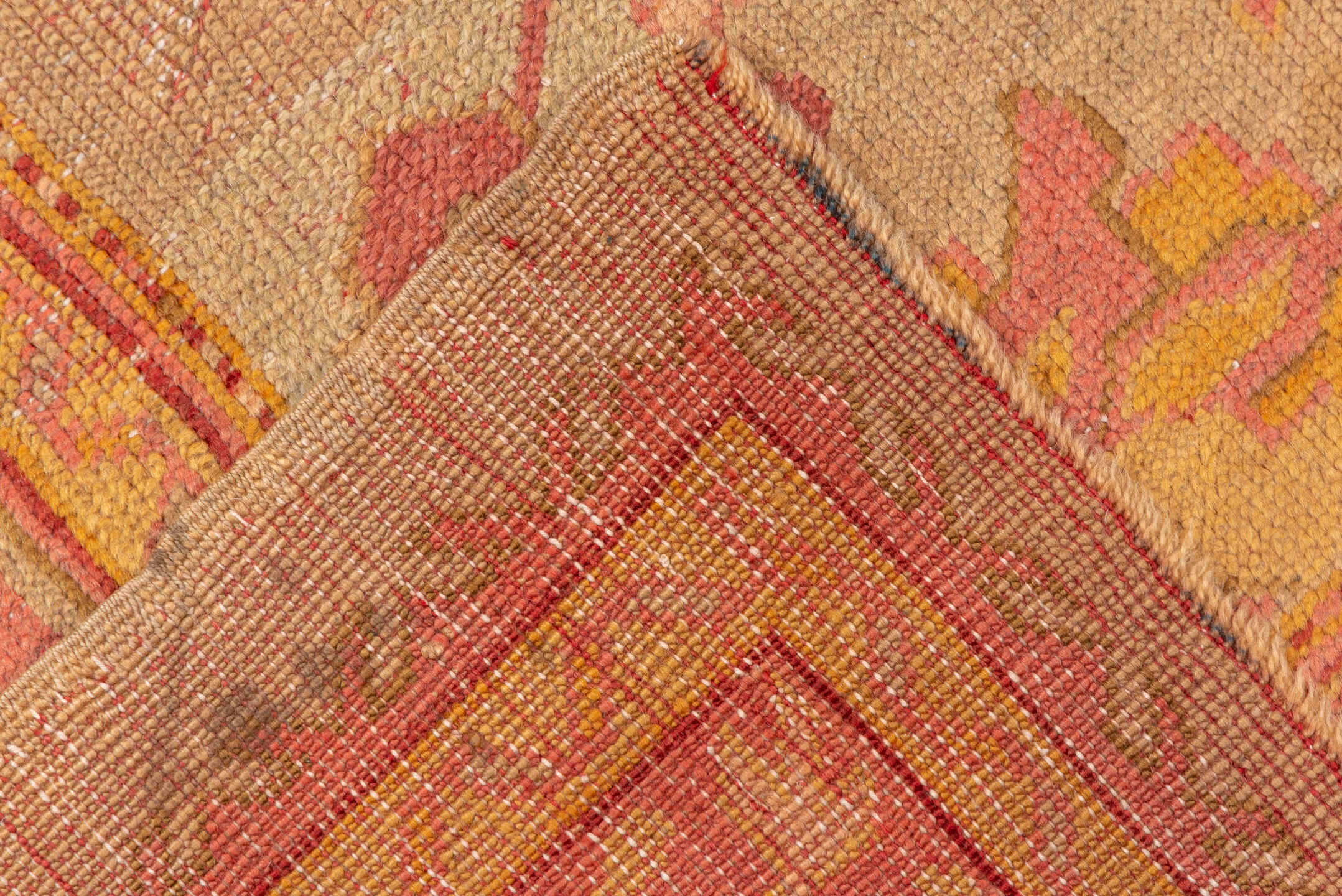 8' x 11' one-of-a-kind handmade antique Oushak large size rug. Color palette: ivory, salmon, beige, gold, blush, taupe, pink