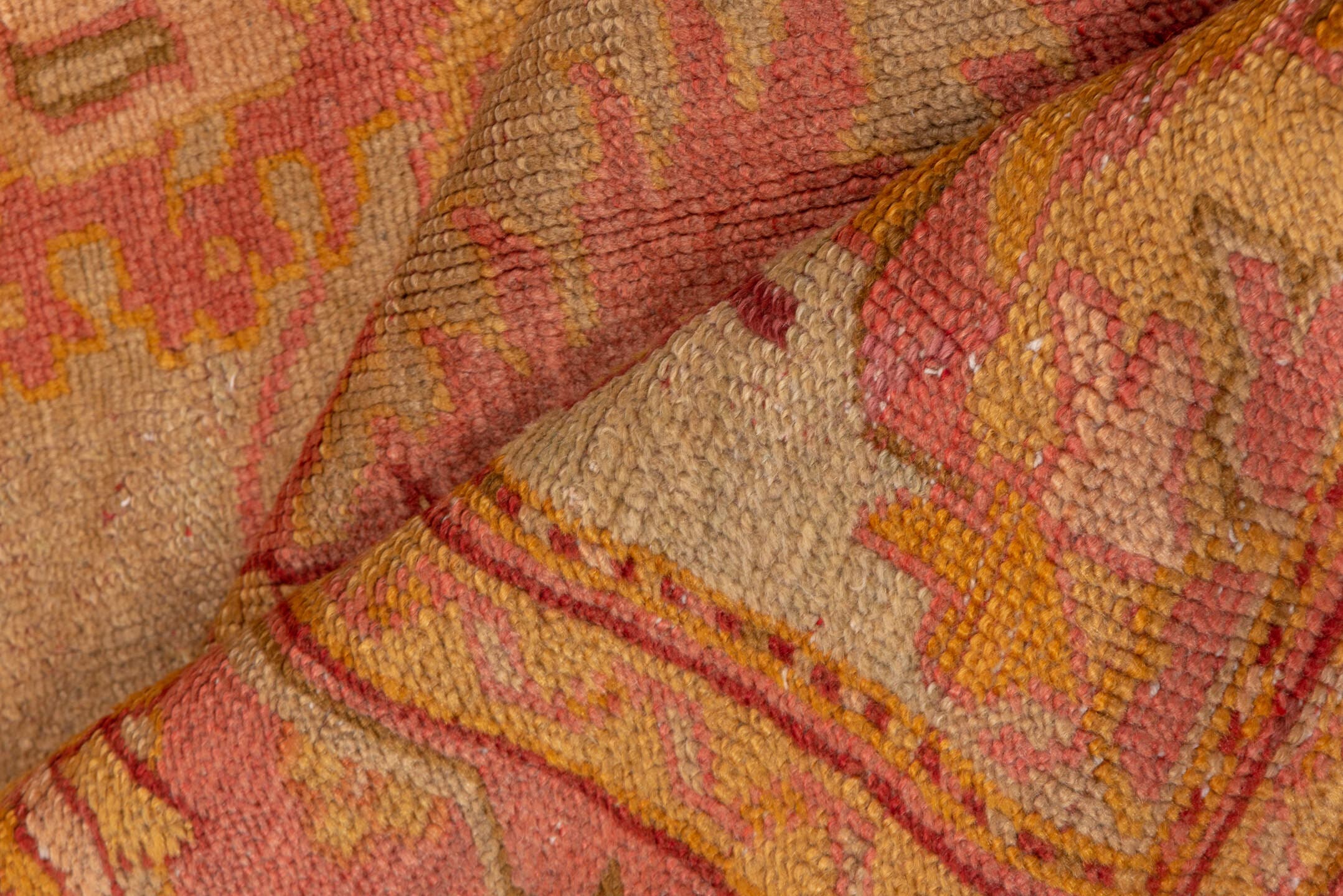 8' x 11' one-of-a-kind handmade antique Oushak large size rug. Color palette: ivory, salmon, beige, gold, blush, taupe, pink
