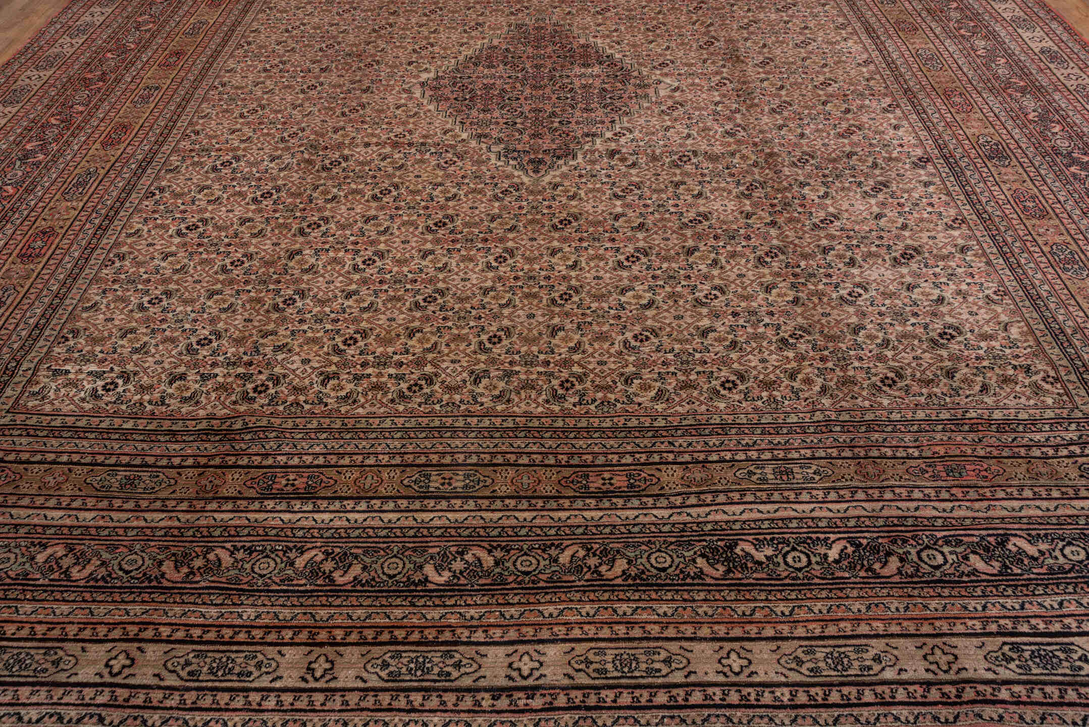 13' x 15' one-of-a-kind handmade antique Khorassan oversize rug. Color palette: rose, ivory, dusty pink, taupe, charcoal