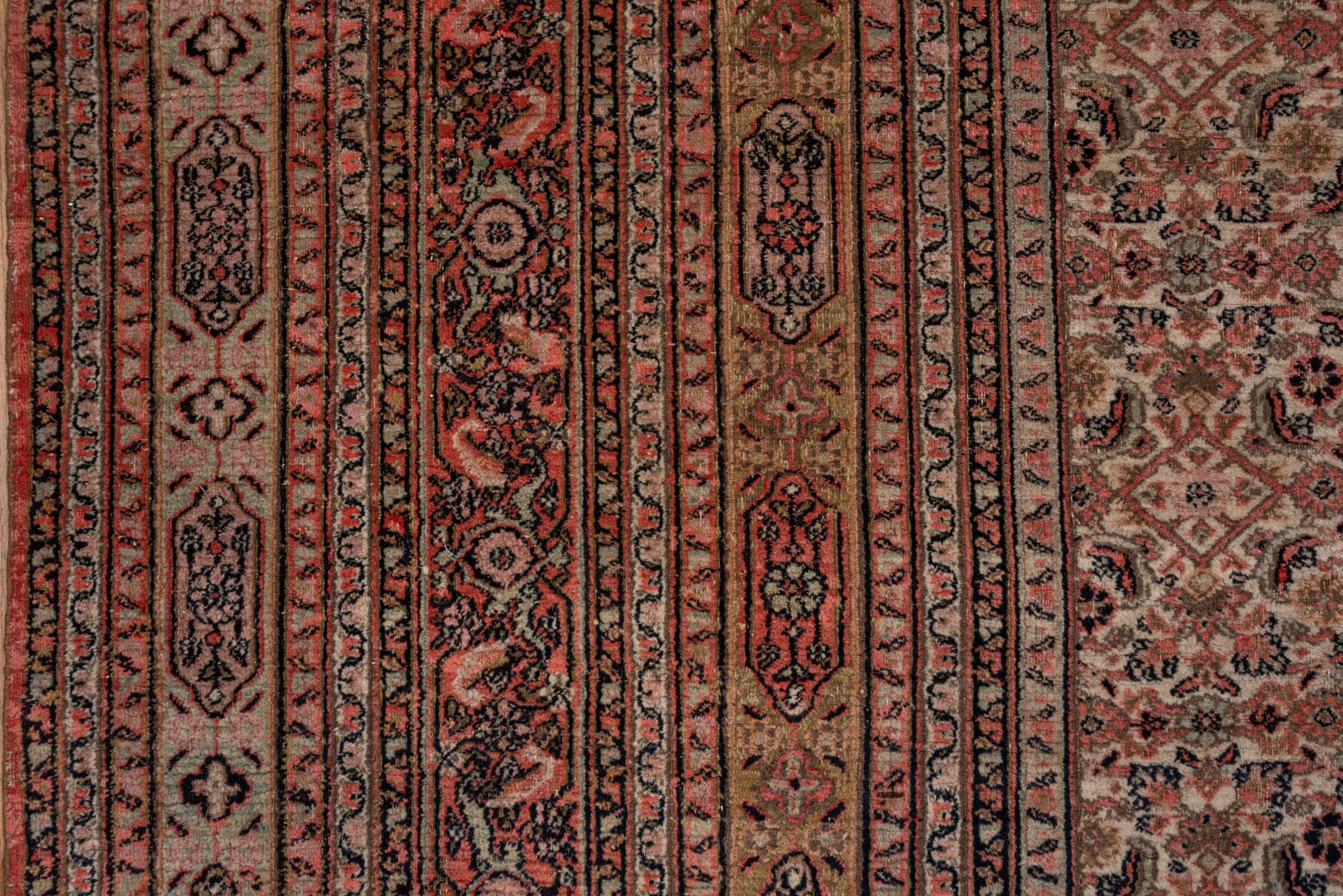 13' x 15' one-of-a-kind handmade antique Khorassan oversize rug. Color palette: rose, ivory, dusty pink, taupe, charcoal