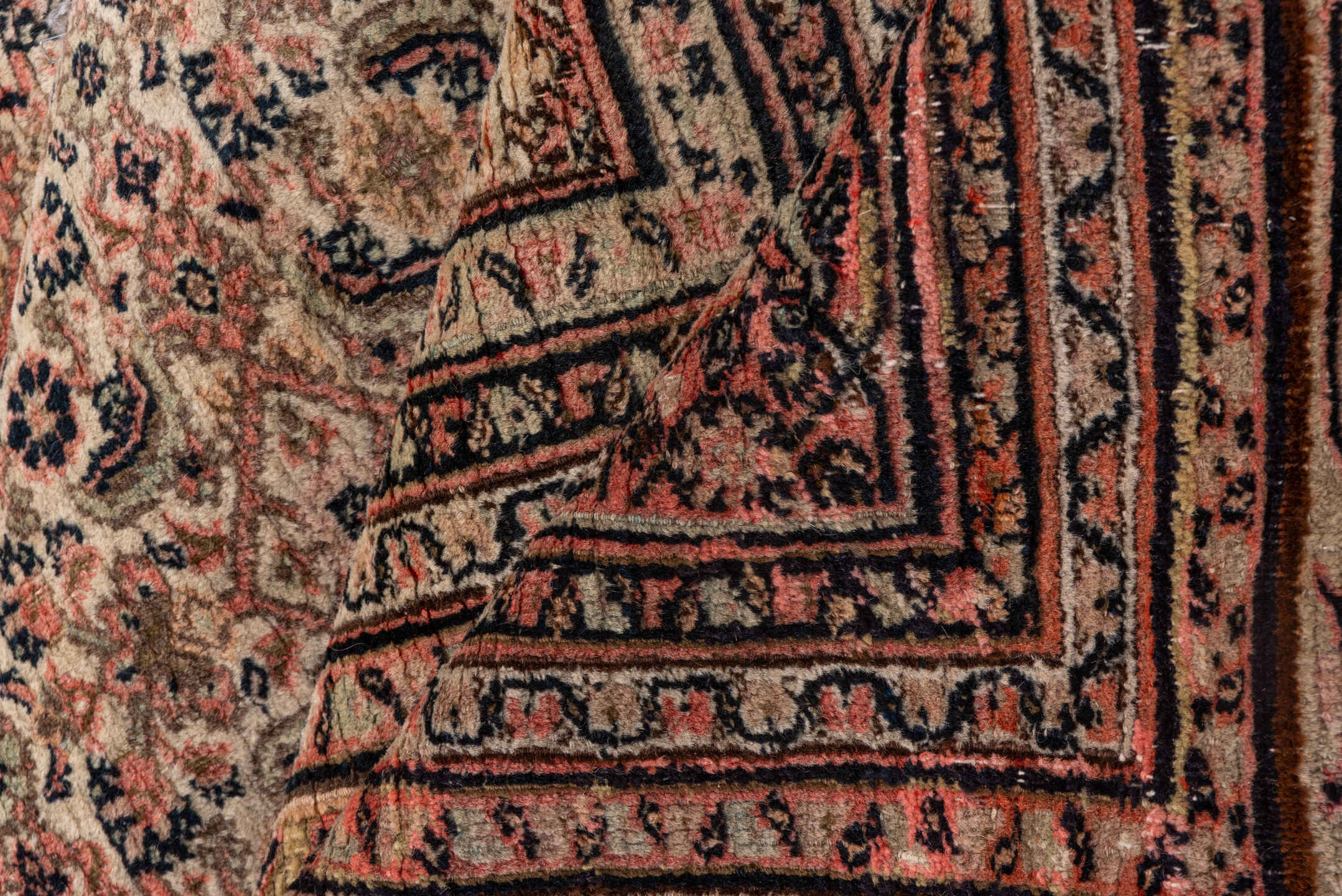 13' x 15' one-of-a-kind handmade antique Khorassan oversize rug. Color palette: rose, ivory, dusty pink, taupe, charcoal