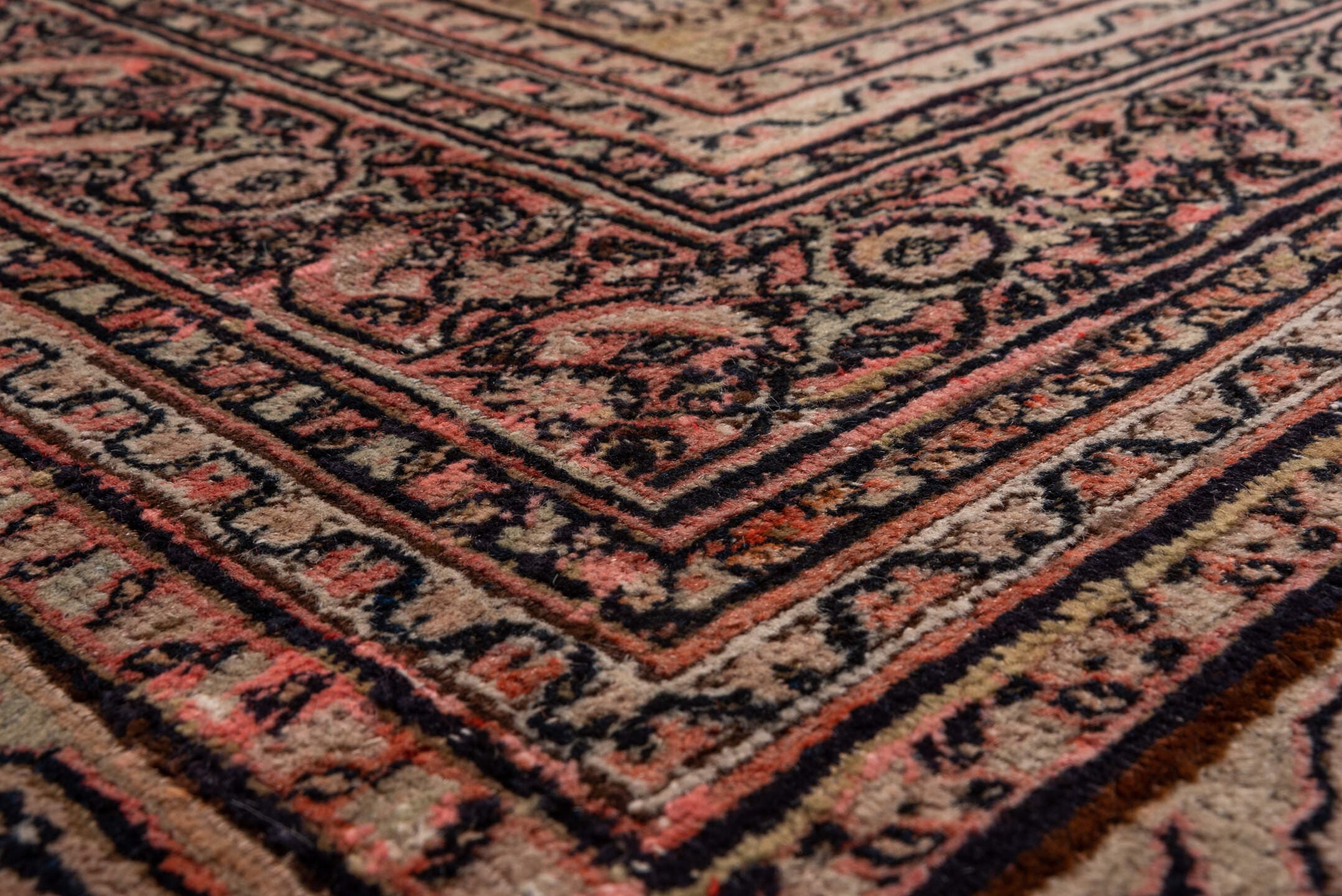 13' x 15' one-of-a-kind handmade antique Khorassan oversize rug. Color palette: rose, ivory, dusty pink, taupe, charcoal