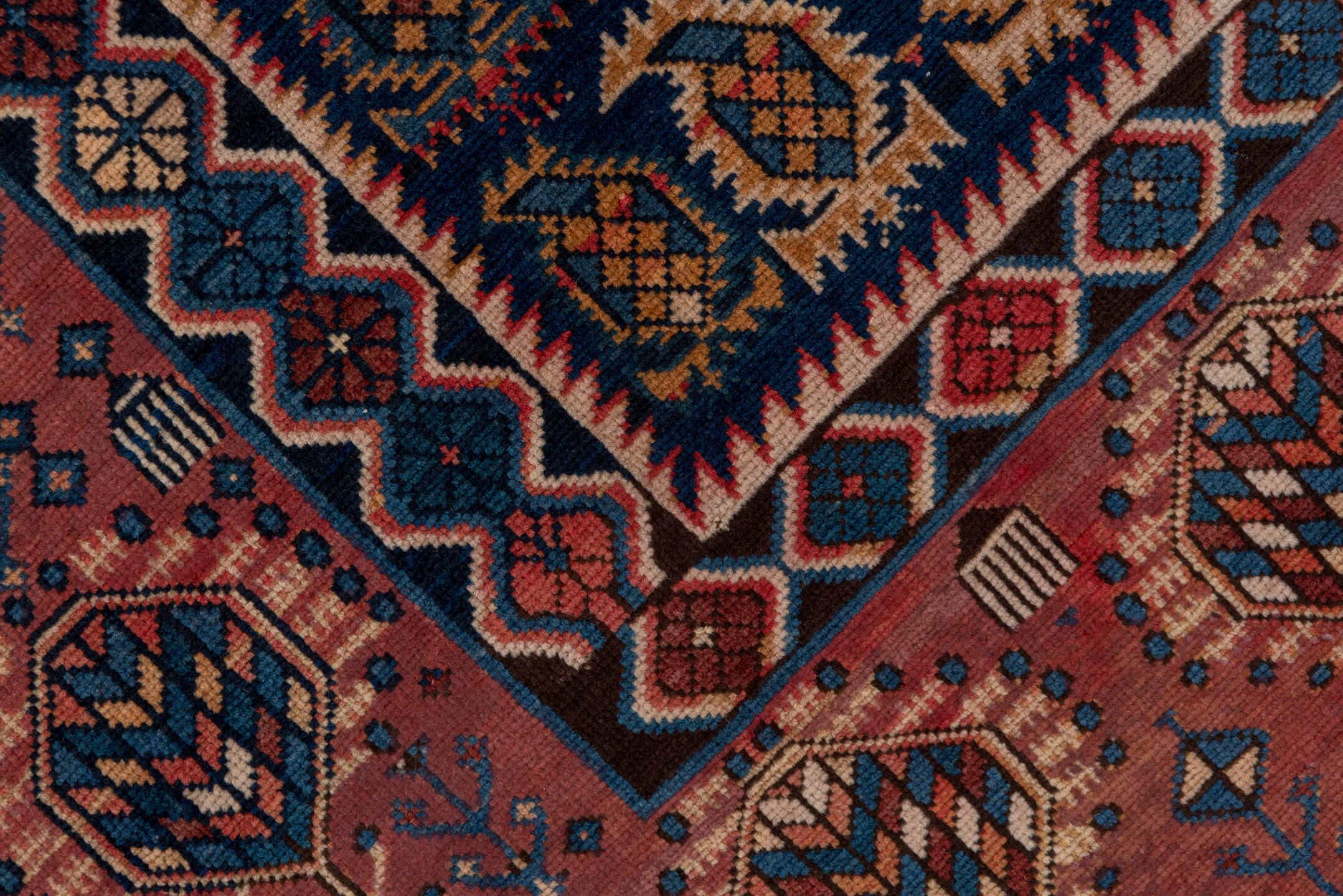 3' x 9' one-of-a-kind handmade vintage Kilim runner rug. Color palette: navy, rust, terracotta, ivory, indigo, camel