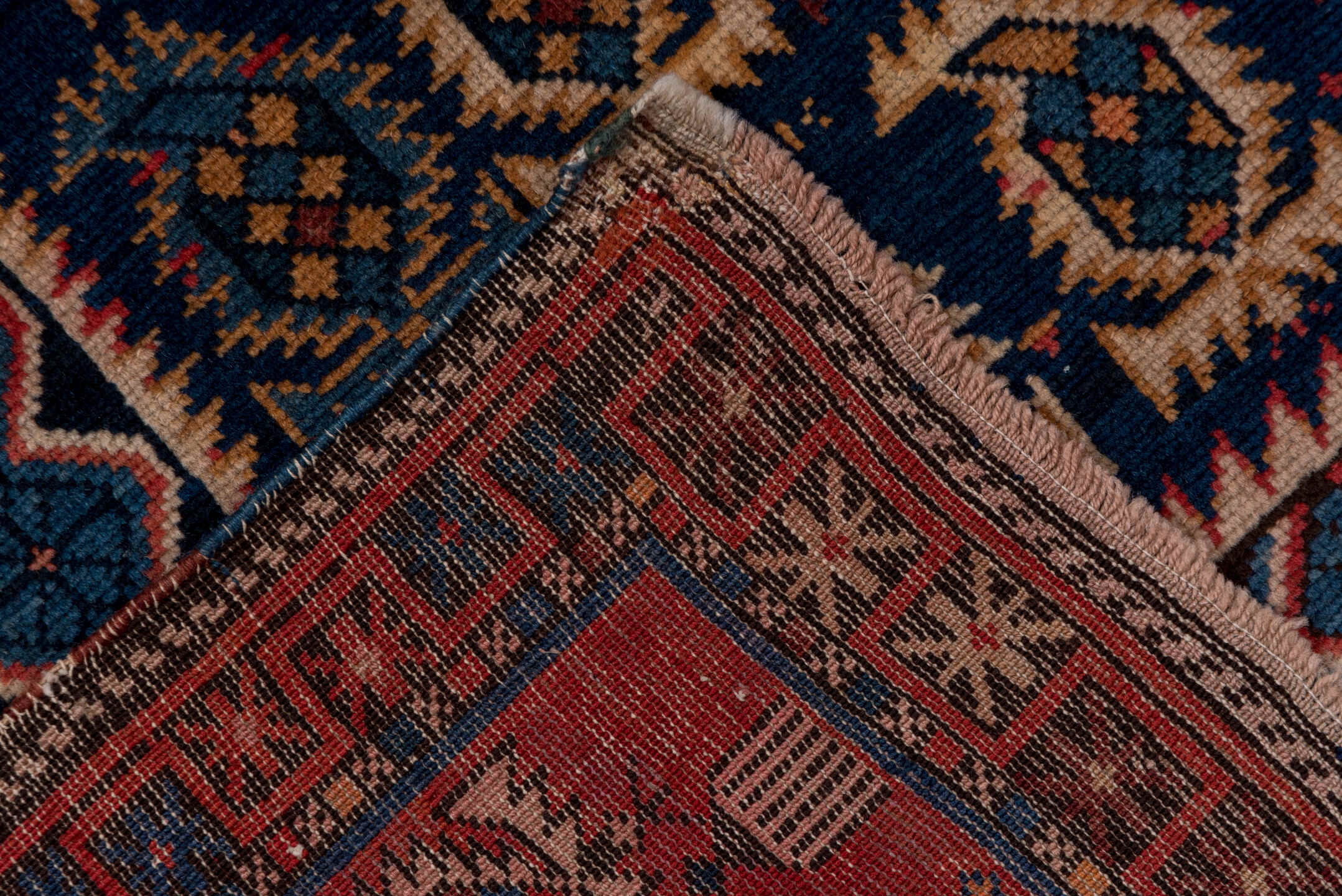 3' x 9' one-of-a-kind handmade vintage Kilim runner rug. Color palette: navy, rust, terracotta, ivory, indigo, camel