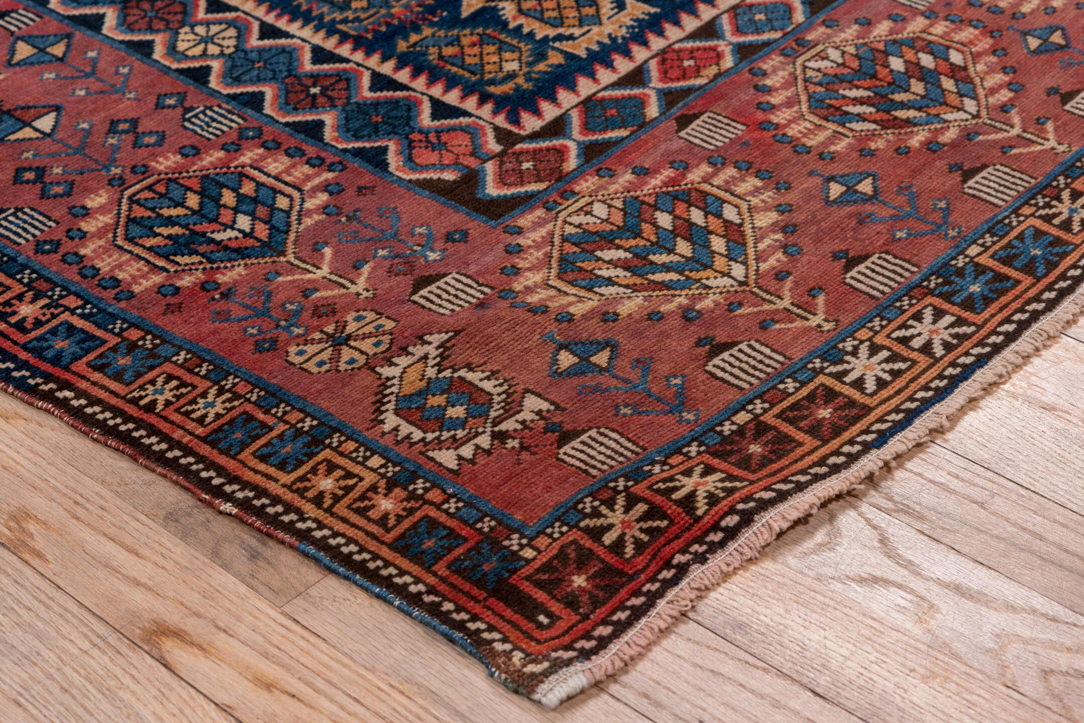 3' x 9' one-of-a-kind handmade vintage Kilim runner rug. Color palette: navy, rust, terracotta, ivory, indigo, camel