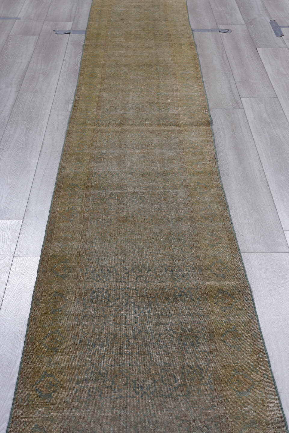 2' x 15' one-of-a-kind handmade antique Tabriz runner rug. Color palette: taupe, brown, sage, slate, beige, gray, green