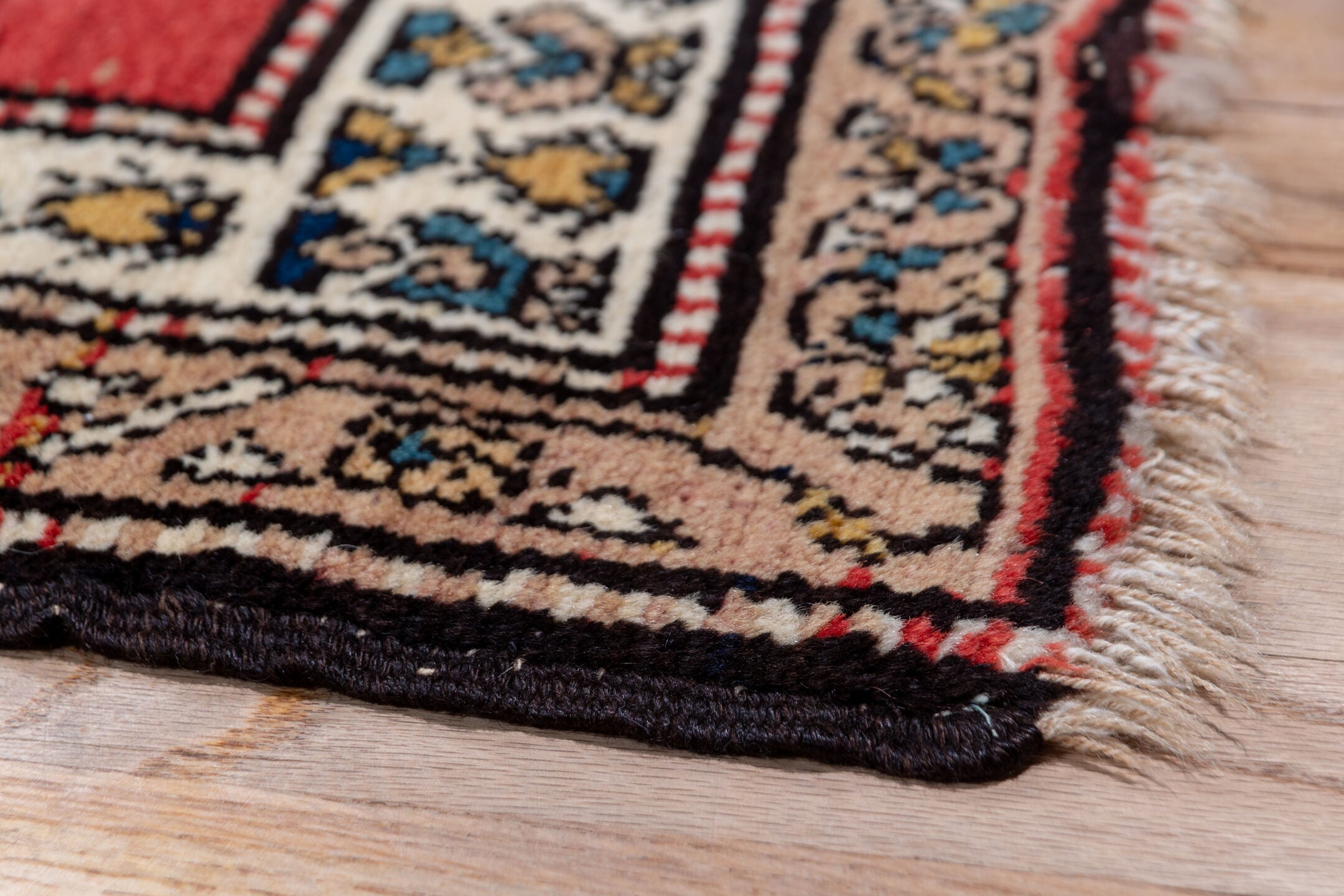 3' x 14' one-of-a-kind handmade vintage Malayer runner rug. Color palette: blue, brown, gray, pink, red