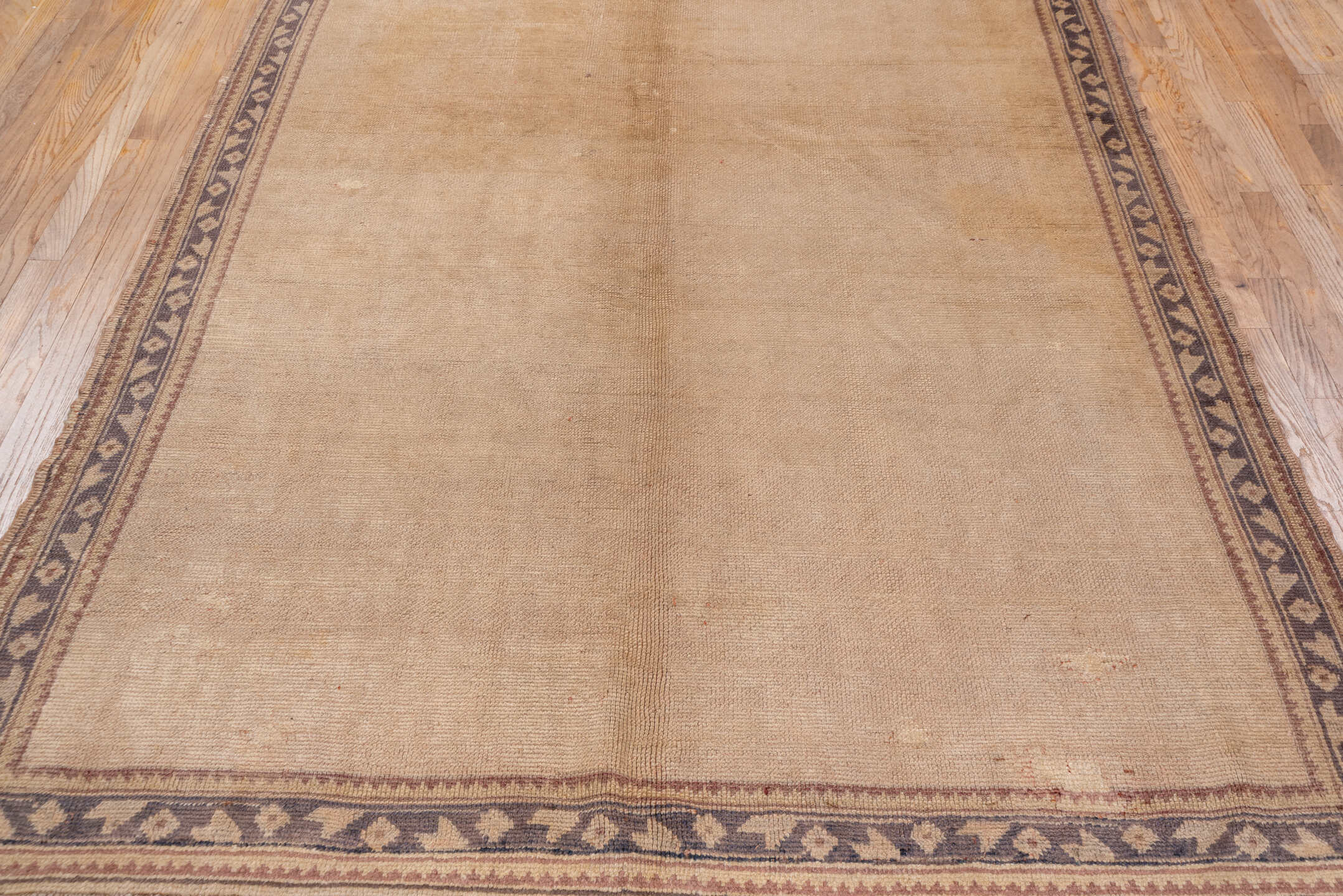 6' x 15' one-of-a-kind handmade antique Oushak rug. Color palette: beige, taupe, ivory, lavender, camel, gray, light gray